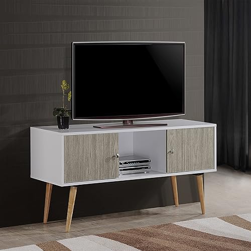 Miniatura 2 de Hodedah Soporte de TV de estilo retro con dos puertas de almacenamiento y patas de madera maciza, color blanco