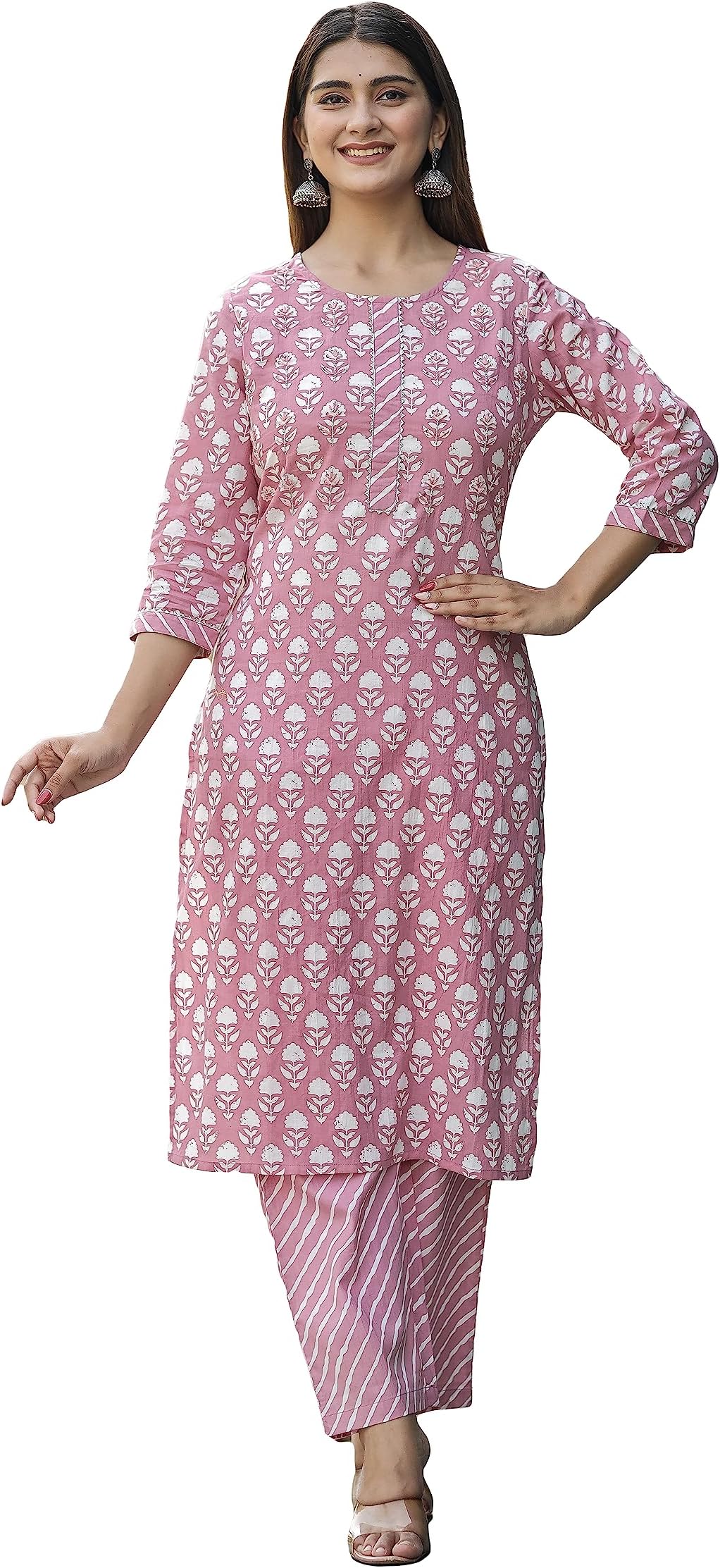 miss fameWomen's Cotton Printed Kurta with Lehriya Pant - (Pink)