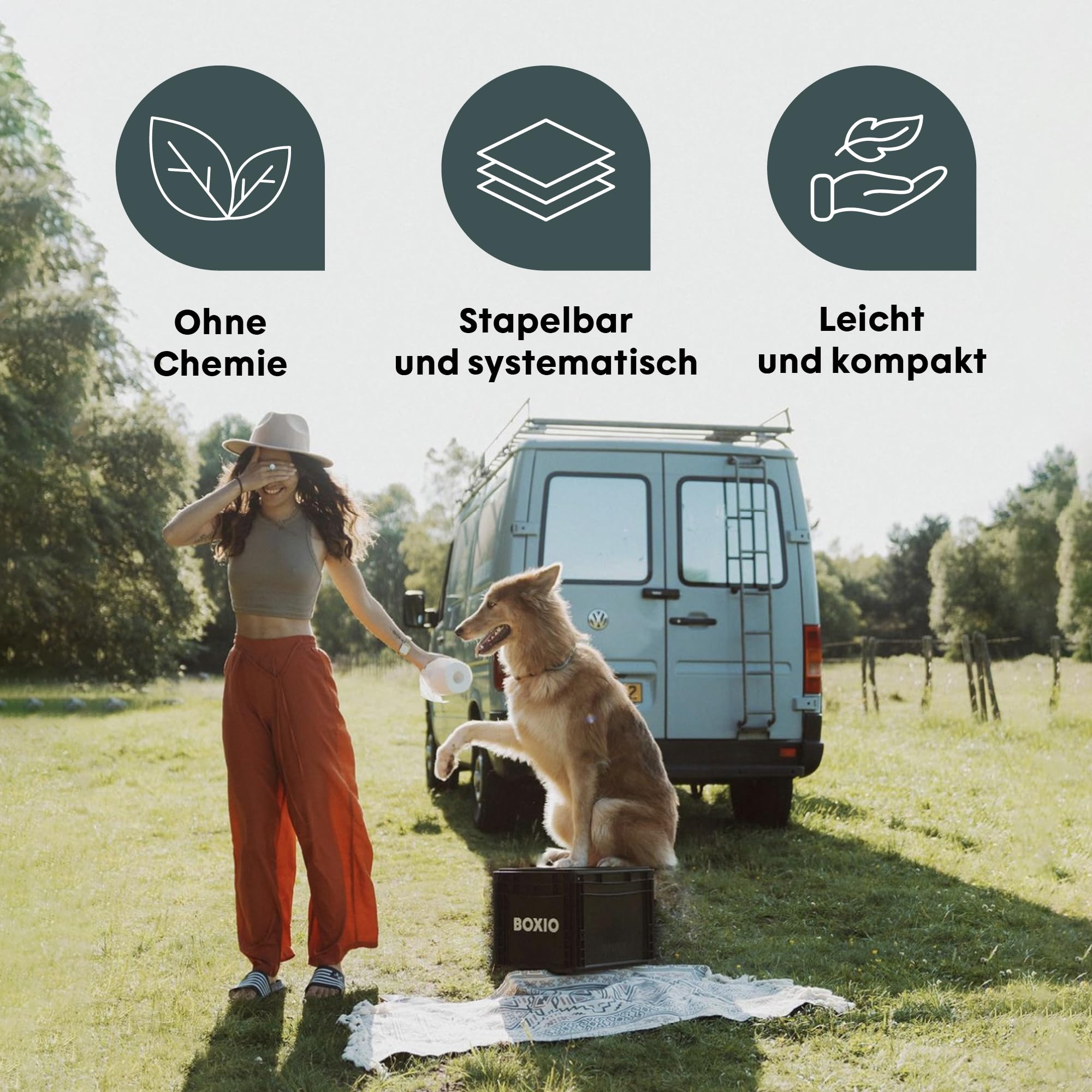 BOXIO - Toilet Max+: Campingtoilette Komplettset, Mobile Trockentrenntoilette ohne Chemie für Camping, Van, Outdoor, Dachzelt: Toilette auf Eurobox Basis ohne Strom für unterwegs, schwarz, 40x30x28