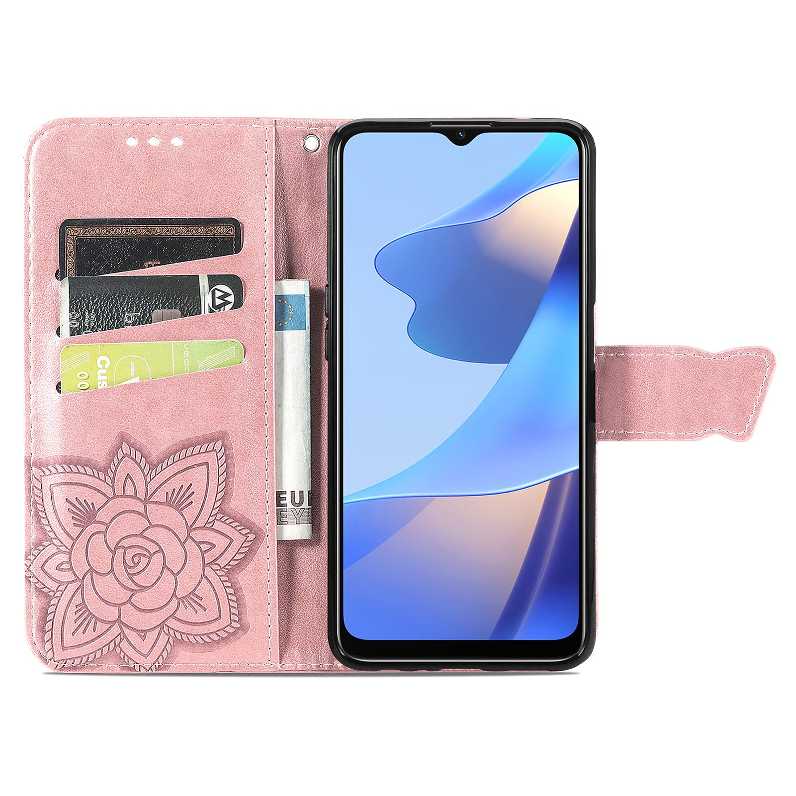 Dedux Cover per Oppo A16 / A16s / A54s Portafoglio, Custodia con Gatto e Farfalla in Rilievo Design Elegante, Custodia Protettiva in Pelle PU. Verde
