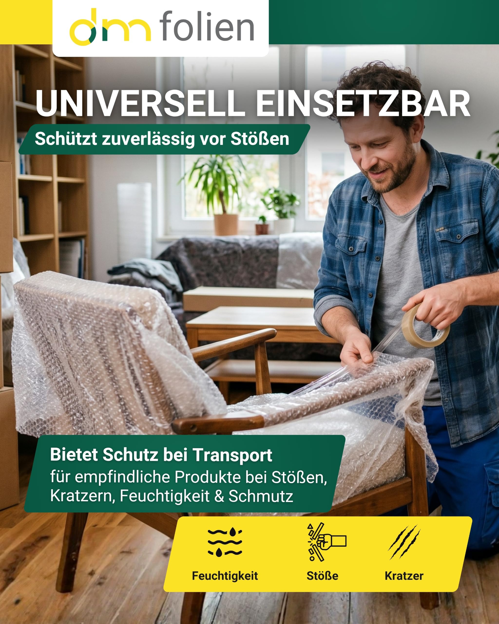 dm-folien Jumborolle Luftpolsterfolie I 1 x 50 m I 10 mm Noppen I 2-lagige, reißfeste & stoßdämpfende Verpackungsfolie I 60 my Noppenfolie für Versand, Umzug & Transportschutz