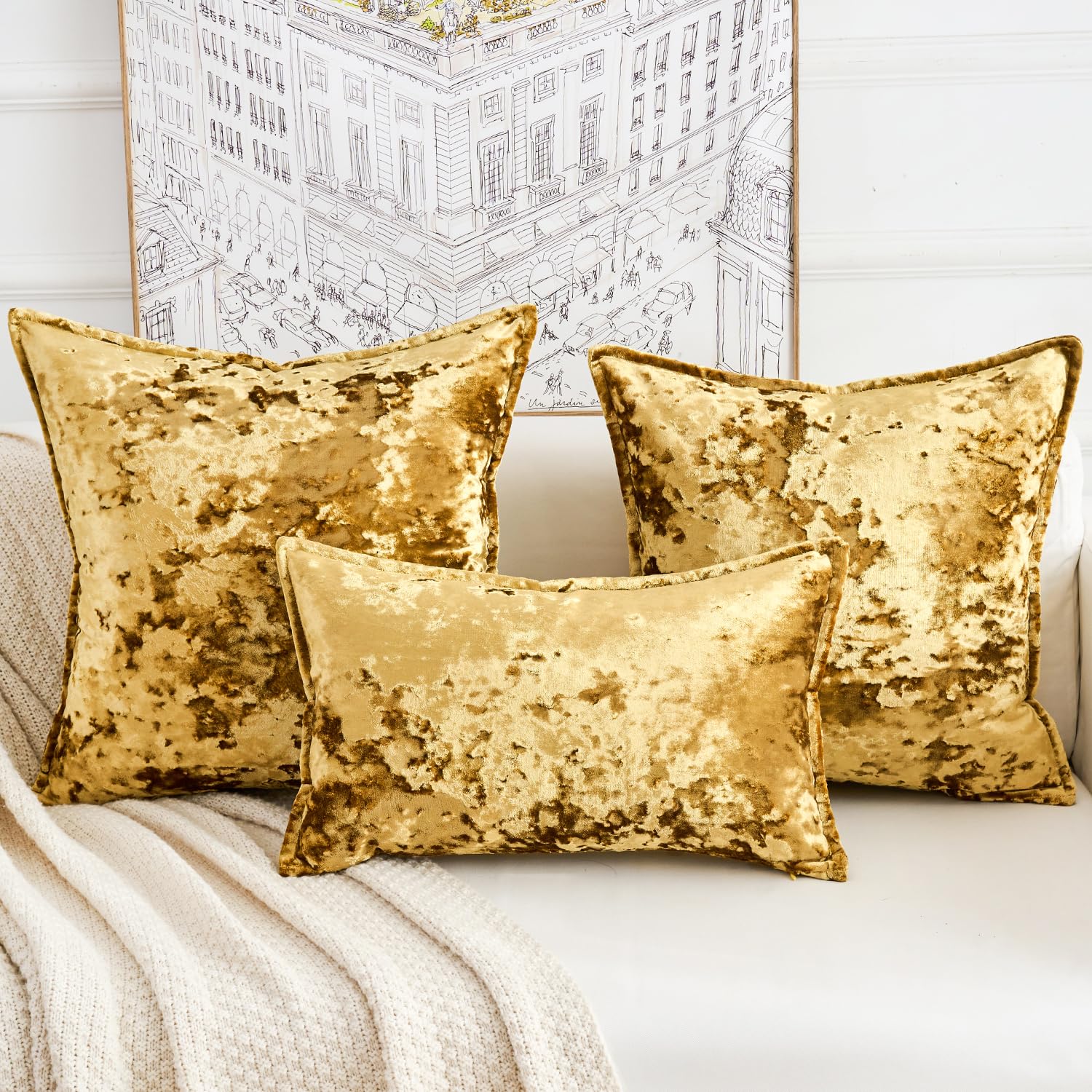 Yonous Serie Premium, federe per cuscini in velluto riccio, lussuose federe per cuscini spessi per la decorazione della casa, oro, 50 x 50 cm