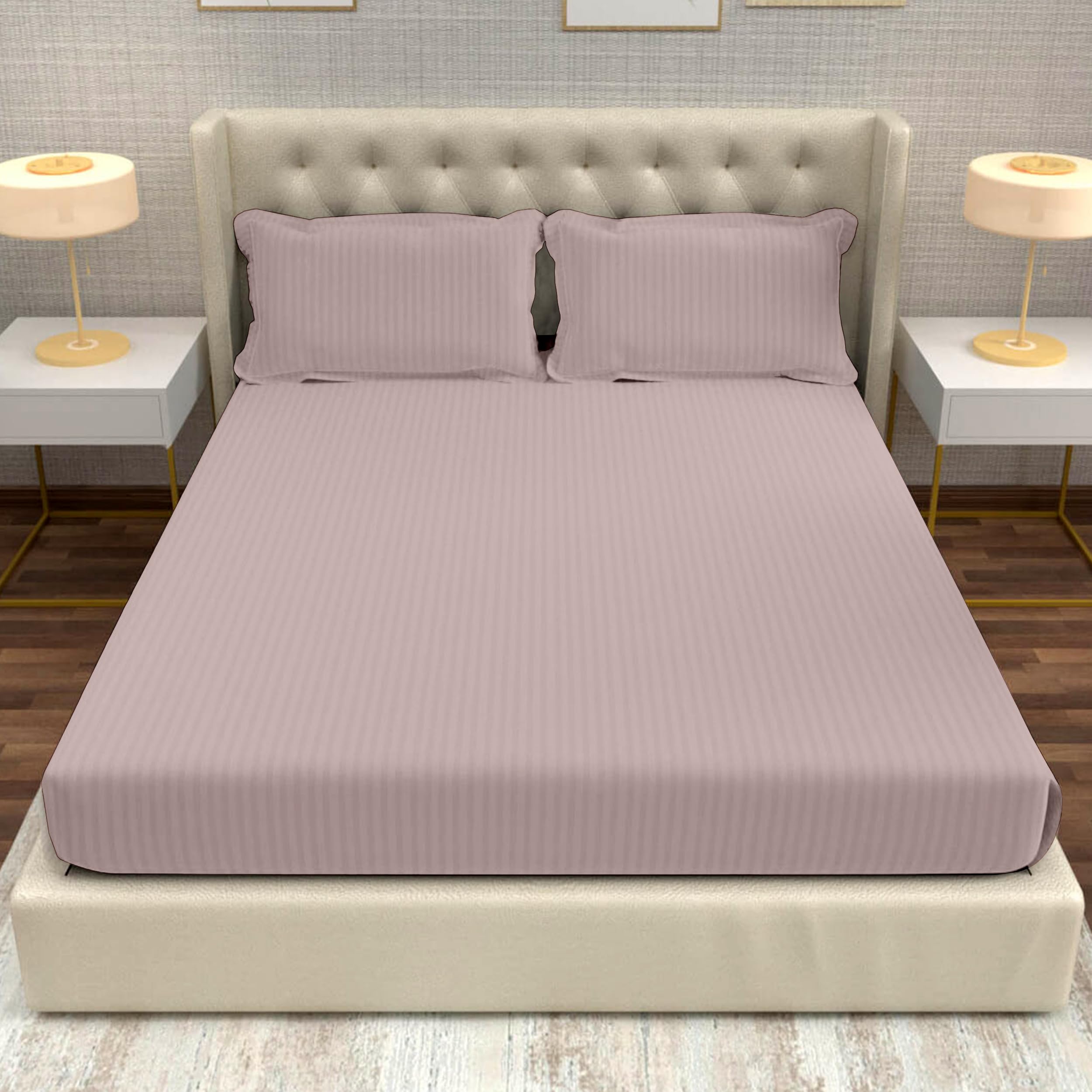 Divine Casa 100% Cotton King Size Bedsheet 210 TC Italian Stripe | Soft Breathable Luxury Bed Sheet with 2 Pillow Covers | Elegant Stripe Bedding Set for Bedroom | 275 x 275 cm (Coffee, Striped)