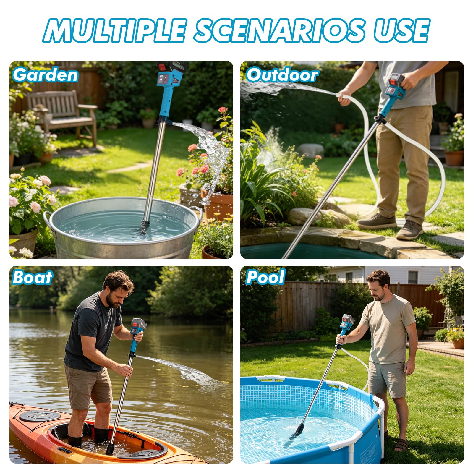 Akku Regenfasspumpe, Kabellose Regenfasspumpe Elektrisch mit 2×1500mAh Akku & 8 m Wasserrohr, max.Fördermenge 3000 L/h, 3-stufiger Durchfluss, Akku Stab-Wasserpumpe für Garten, Pool, Teich, Boot
