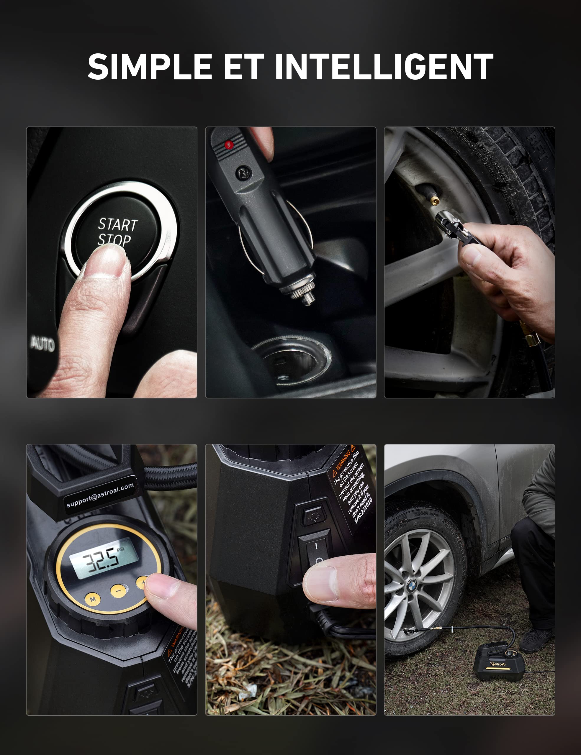 AstroAI Compresseur à Air Portatif 12V DC, Gonfleur Pneus Voiture, Pompe de gonflage rapide, Compresseur et Gonfleur Electrique, Avec Lampe LED, 3M Câble, Pour Voiture et Autres Objets Gonflables