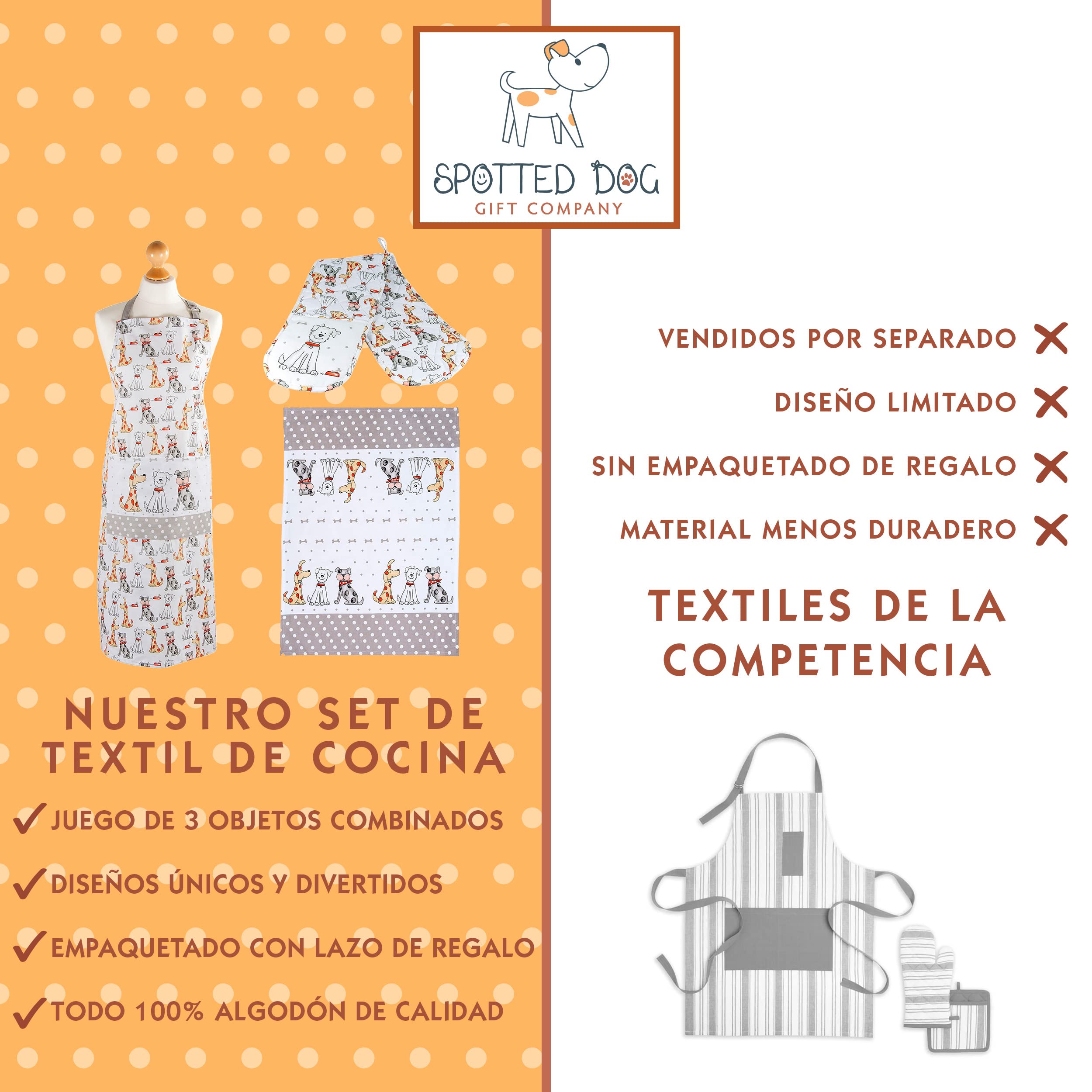 SPOTTED DOG GIFT COMPANY Juego de Regalo de 3 Piezas con Delantal, Paño de Cocina y Guante de Horno Doble, Accesorios Cocina Originales de Perros Lindos, Regalos para Amantes de los Perros