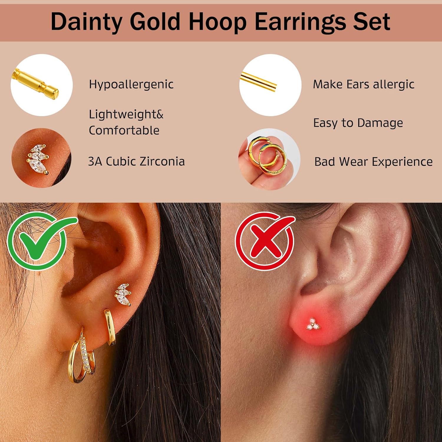 Gold Earrings for Women, 3 Pairs 14K Gold Plated Hoop Earring Sets for Women Small Gold Huggie Earrings Sets for Multiple Piercing, Hypoallergenic Dainty CZ Cartilage Earrings Stacks Trendy Jewelry Gifts - Image 5