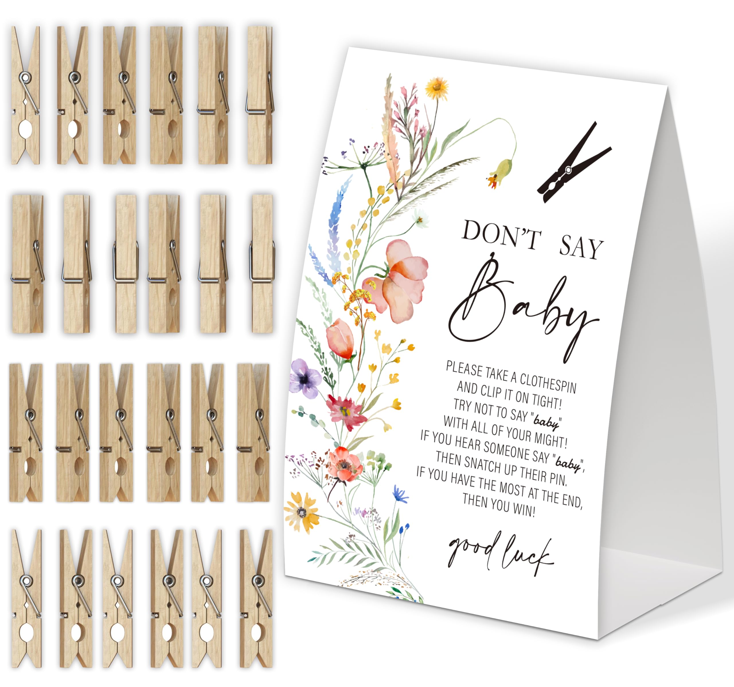 Boho Wildflower Don't Say Baby Game for Baby Shower, Pack of One 5x7 Sign and 50 Mini Natural Clothespins, Boho Baby Shower Decoration, Gender Neutral