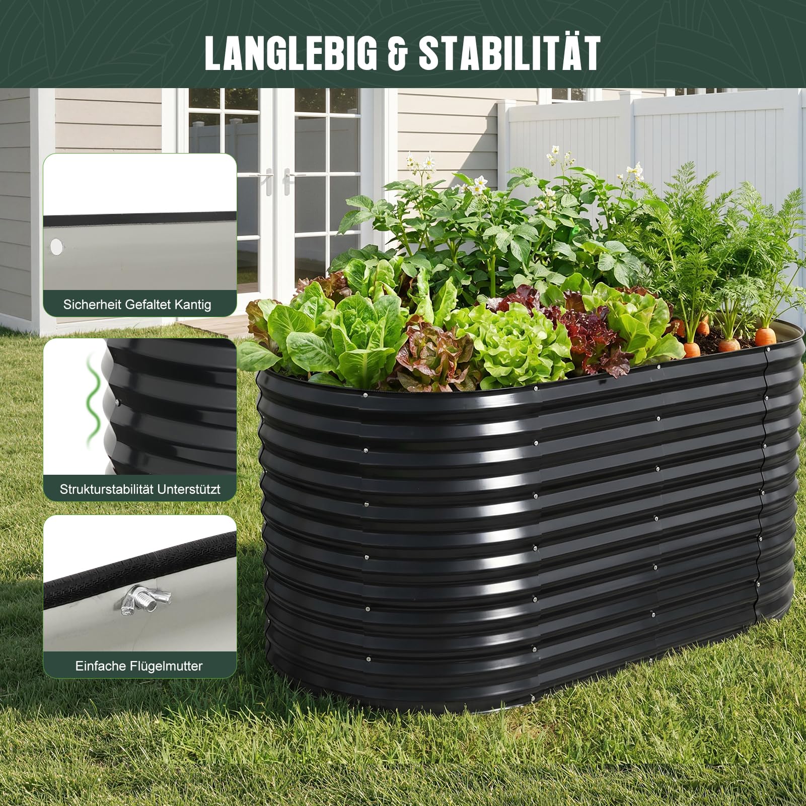 WILLOW WEAVE Hochbeet Metall, 160 x 80 x 80 cm, Stahl verzinkt, Ovale | Gemüsebeet ideal für den Garten – wetterfest & langlebig, inkl. Drahtgitter gegen Wühlmäuse, für Gemüse, Kräuter & Blumen