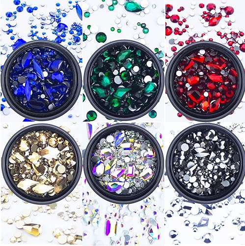 6 cajas AB azul, rojo, verde, dorado, negro, diamantes de imitación para uñas, varios colores, tamaños de uñas, cuentas de uñas coloridas, piedras
