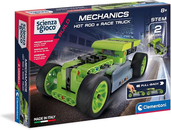 Clementoni - Scienza Build-Hotrod et Race Truck Pullback, Set de Construction, Atelier mécanique, Jeu Scientifique (Version en Français), Enfants 8 Ans+, Fabriqué en Italie, Multicolore, 19236