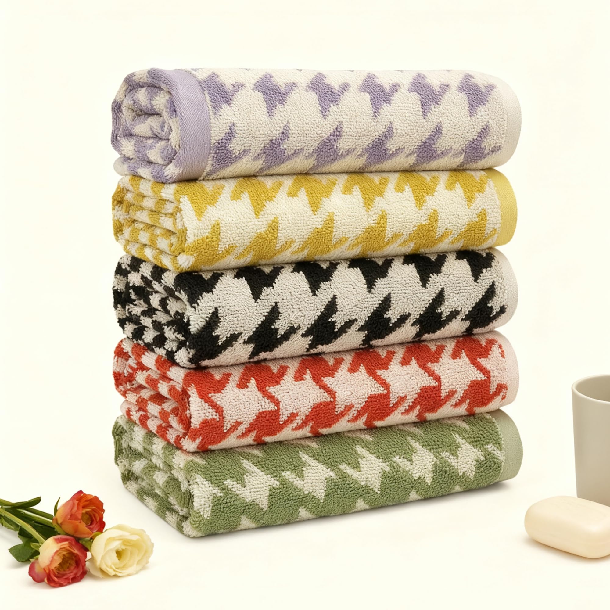 Paquete de 5 toallas de mano, 100 % algodón, patrón de pata de gallo, suaves y absorbentes, para baño, cocina, gimnasio y spa, 13 x 29 pulgadas (negro, verde, amarillo, rojo, morado)