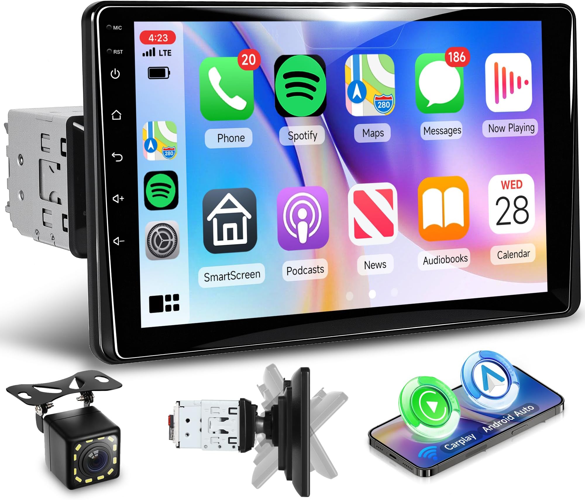 - Single Din Car Stereo with Wireless A-pple Carplay Android Auto, 9" IPS Adjustable Screen Angle Car Radio 1 Din with Backup Camera Car Audio Receiver, Support Mirror Link Bluetooth FM EQ SWC
