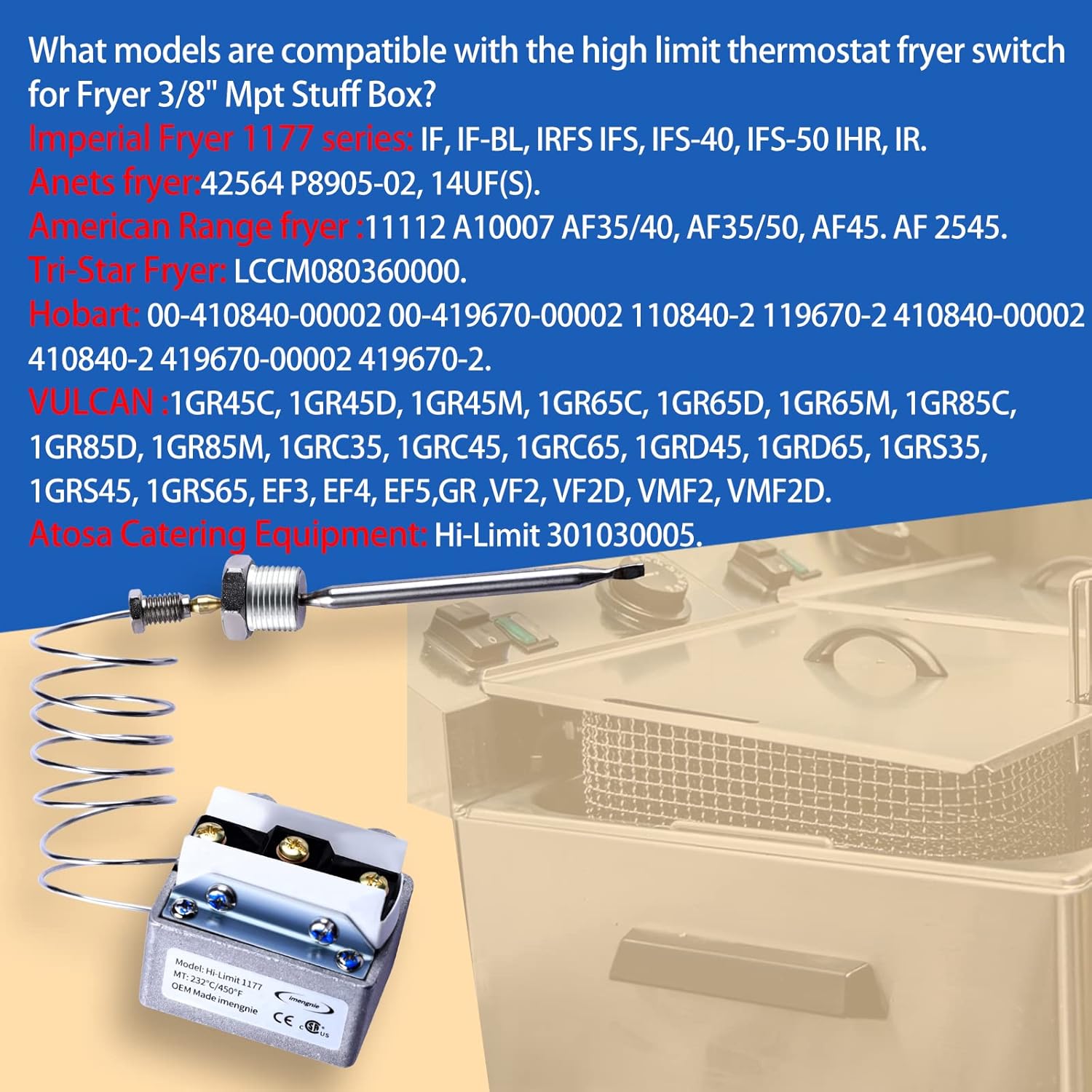 1177 High Limit Fryer Switch Lccm200300000 Deep Fryer Thermostats Parts Replace 301030005 IM 1177 Fryer ROBERT VULCA Royal Rang Gas Lccm080360000 Fryer Thermostat 3/8" Mpt Stuff Box Hi Limit 450°F