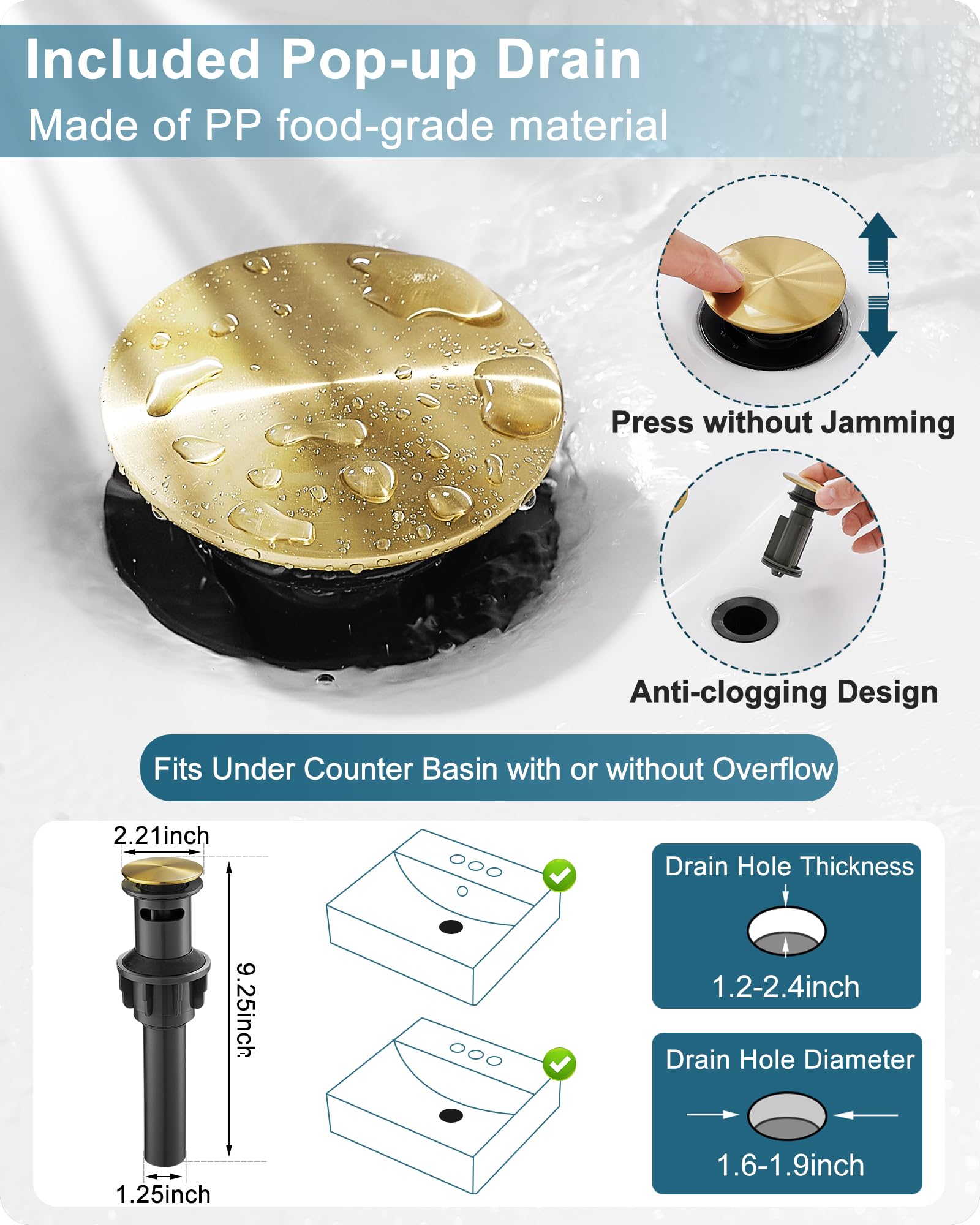 Grifo de baño Dorado con Efecto Cascada, grifos de baño de latón de un Orificio o de Tres Orificios de 4 Pulgadas, Grifo de Lavabo de baño Monomando con Placa de Cubierta y desagüe.