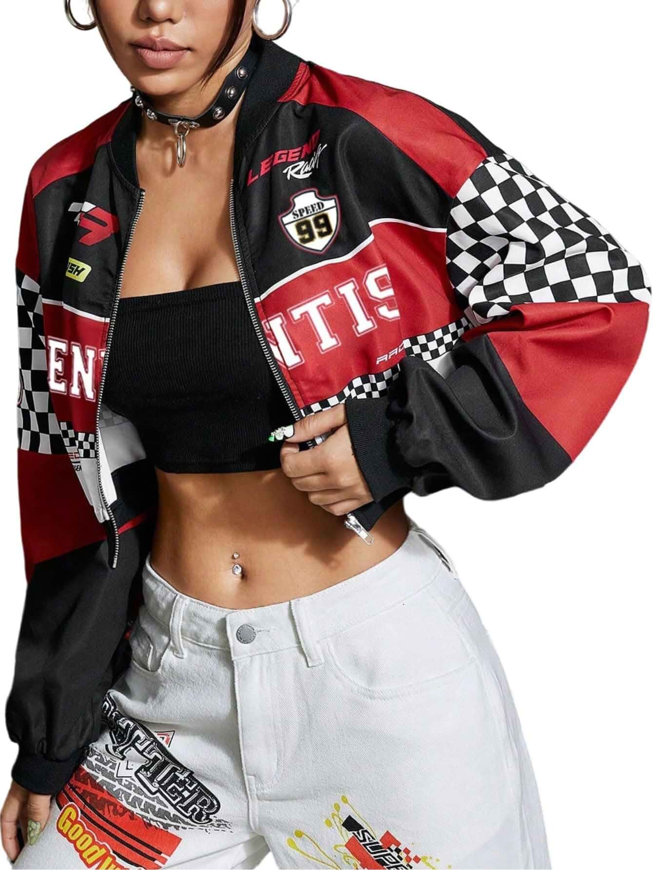 Verdusa Women's Plaid Colorblock Cropped Motorcycle Jacket Hip Hop Streetwear Zip Up Outerwear Long Sleeve