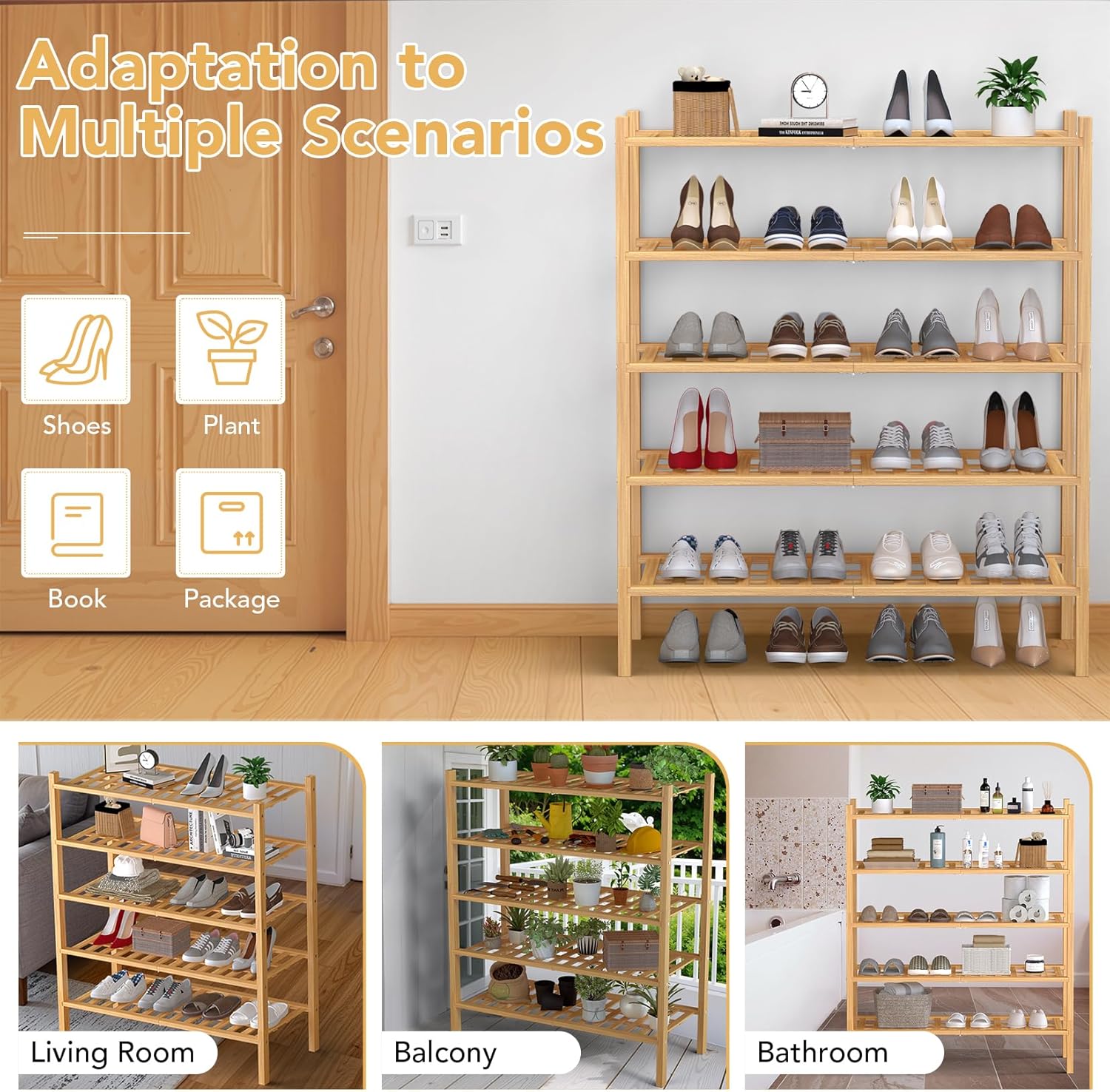 Haddockway 5 Tier Bamboo Shoe Rack Storage Organizer, Multifunctional Free Standing Stackable Shoe Shelf with Grid Panel for Closet,Hallway,Entryway,Small Space 27"x11"x32" (Natural, 5 Tier)