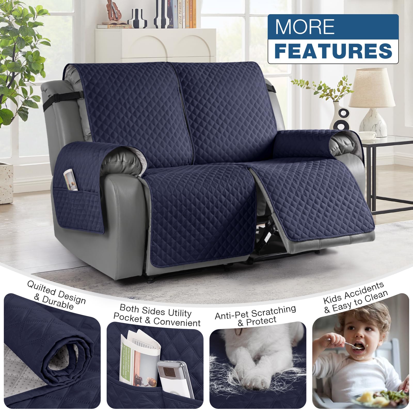 TAOCOCO Loveseat Recliner Cover Non-Slip Sofa Slipcover, Pet Cover for Loveseat Recliner with Elastic Straps, Washable Reclining Loveseat Cover Recliner Furniture Protector (2 Seater, Dark Blue)