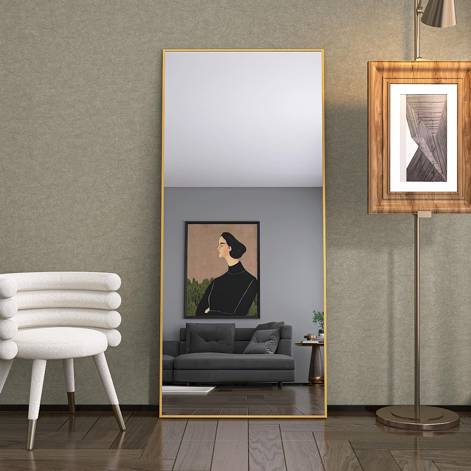 PerGar Minimalistyczne lustro stojące w ramie, 180 x 80 cm, lustro stojące na całe ciało z ramą ze stopu aluminium, duże lustro ścienne, nowoczesne lustro do sypialni, salonu, złote