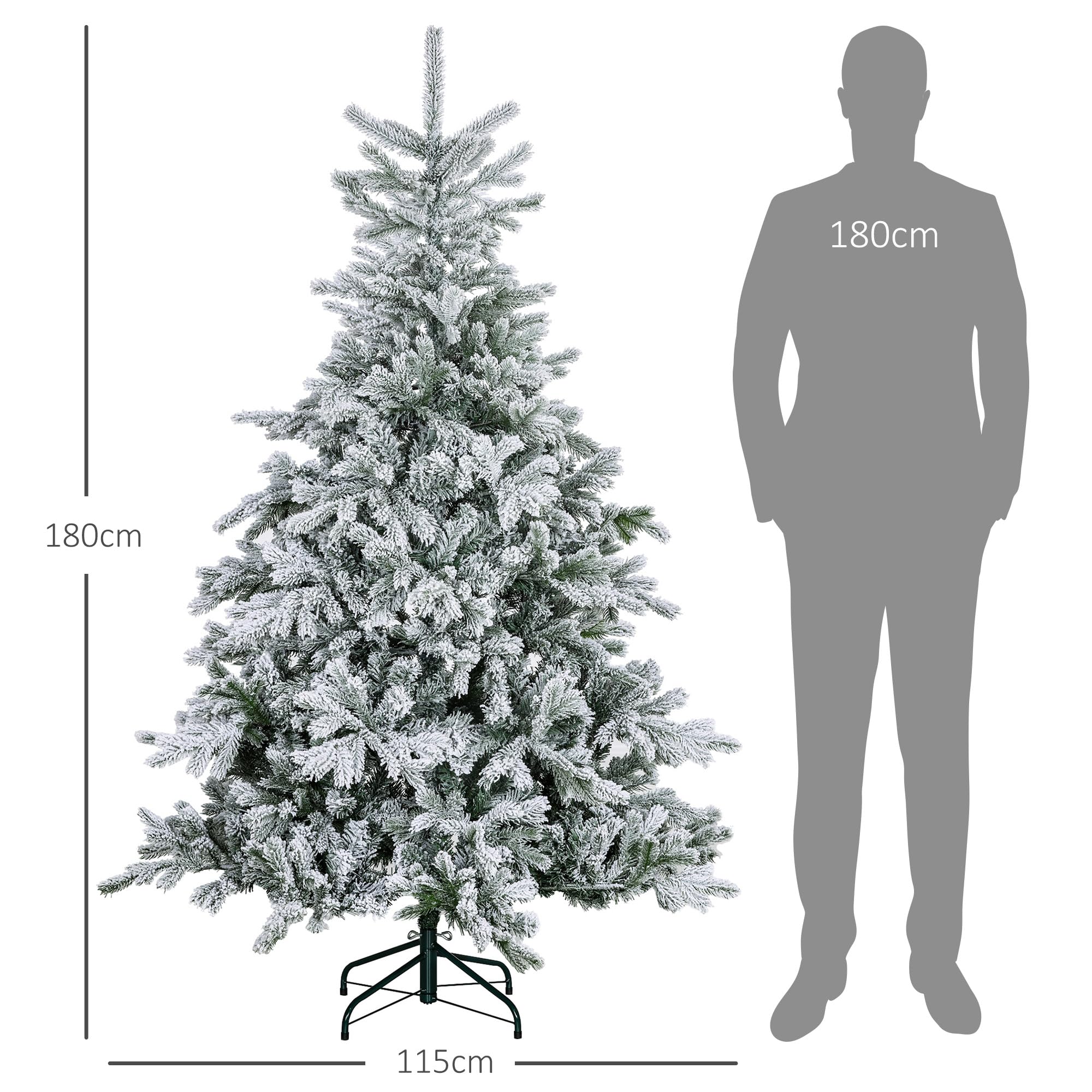 HOMCOM Sapin de Noël Artificiel avec Neige - 1321 Pointes - Décoration de Noël avec Support en métal - pour l'intérieur - 180 cm
