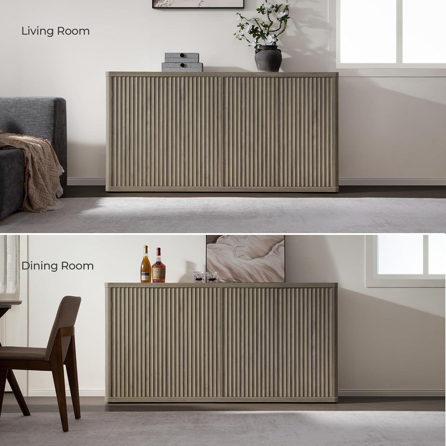 SICOTAS Buffet Cabinet with Storage Accent Sideboard with 4 Doors 66.3" Wide Fluted Credenza Modern Buffet Table Media Console Cabinet Entryway Cabinets for Living Room Kitchen Dining Room Hallway