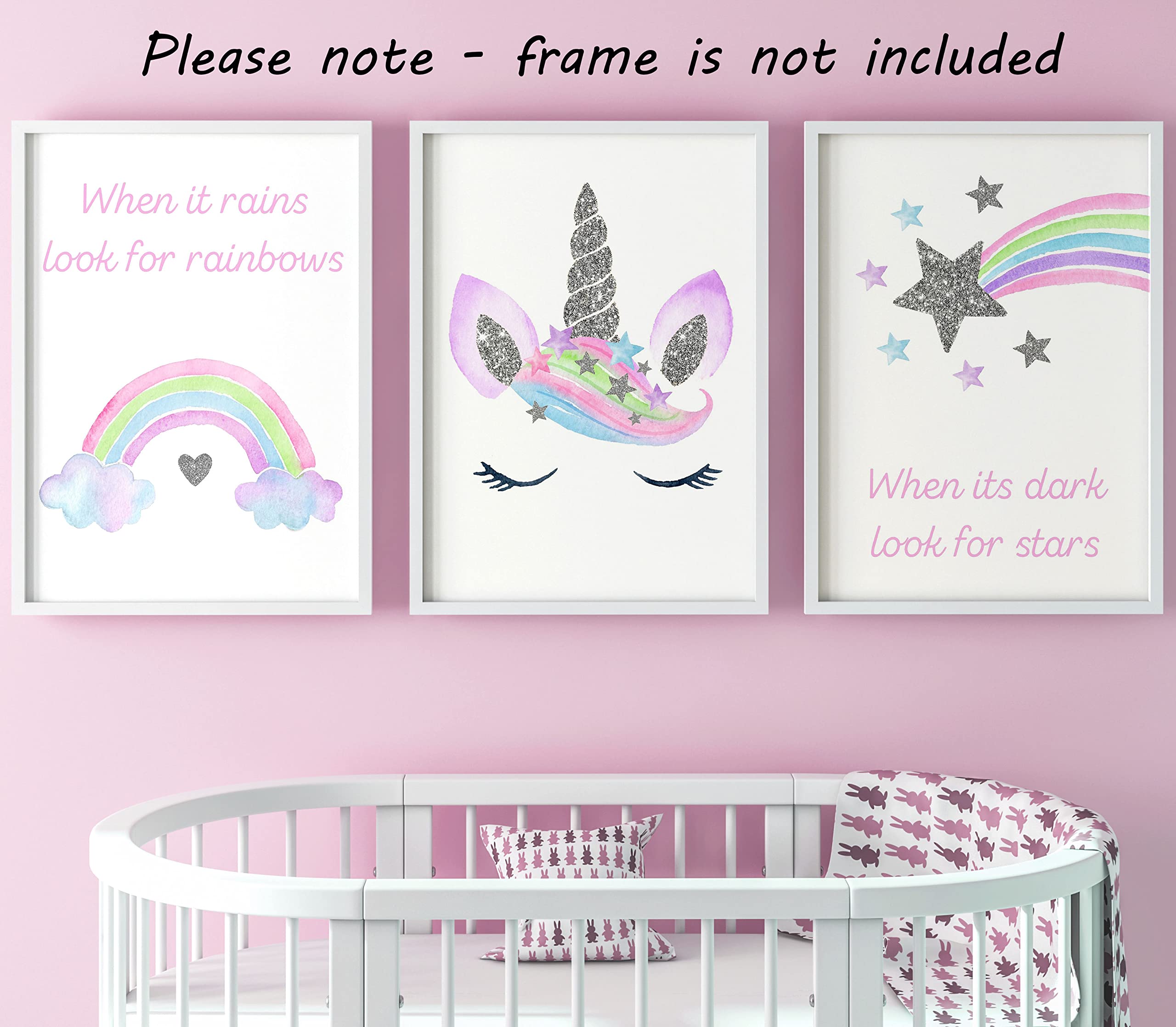 Eviepops Prints Unicorn Rainbow Stars Set Of 3 Unframed Poster Prints, Pink Purple Silver, Bedroom Decor - Image 3