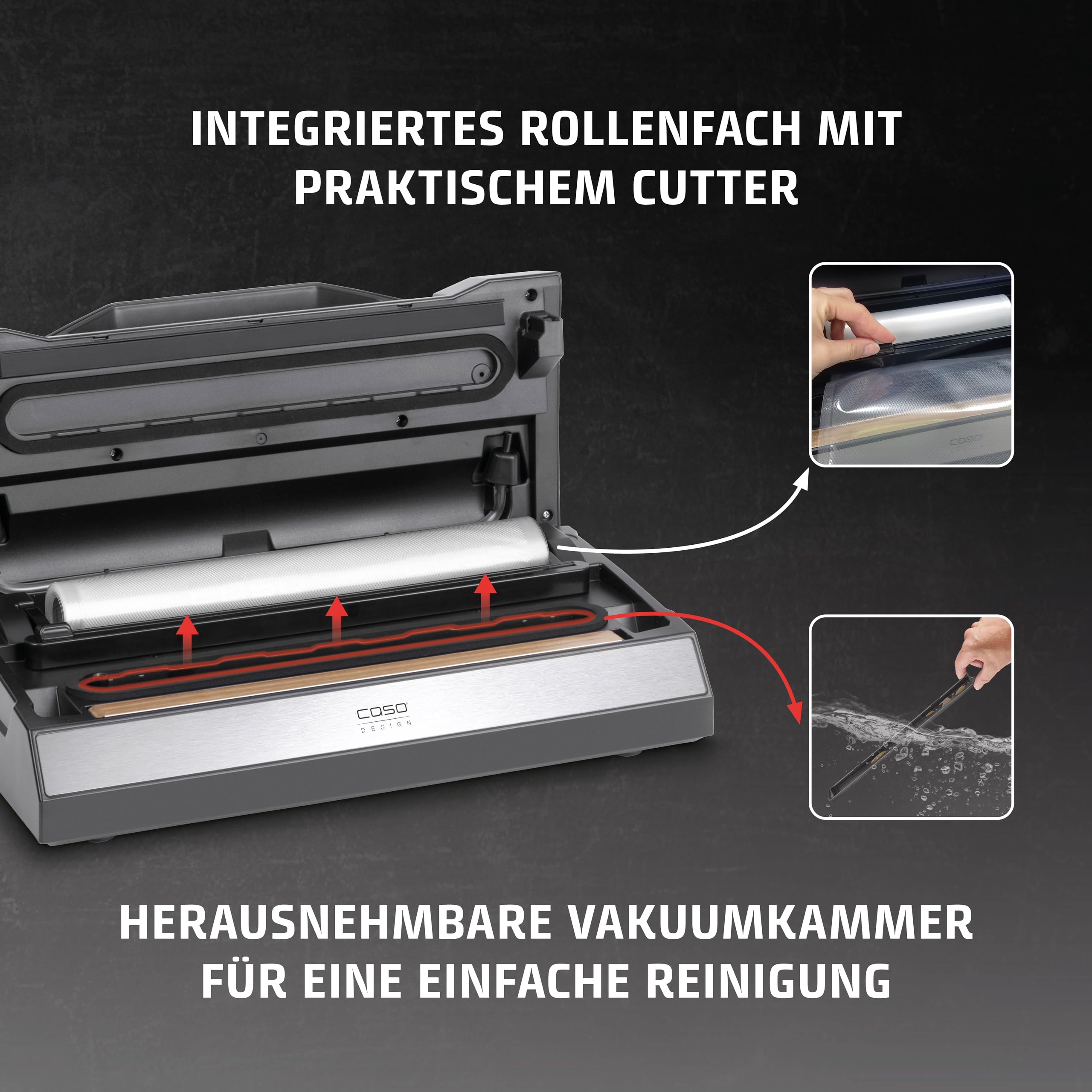 CASO VRH 690 Vakuumierer, Vakuumiergerät für Lebensmittel, 150 Vakuumiervorgänge, doppelte Schweißnaht, 20 L/min, Cutter, inkl. 2 Folienrollen