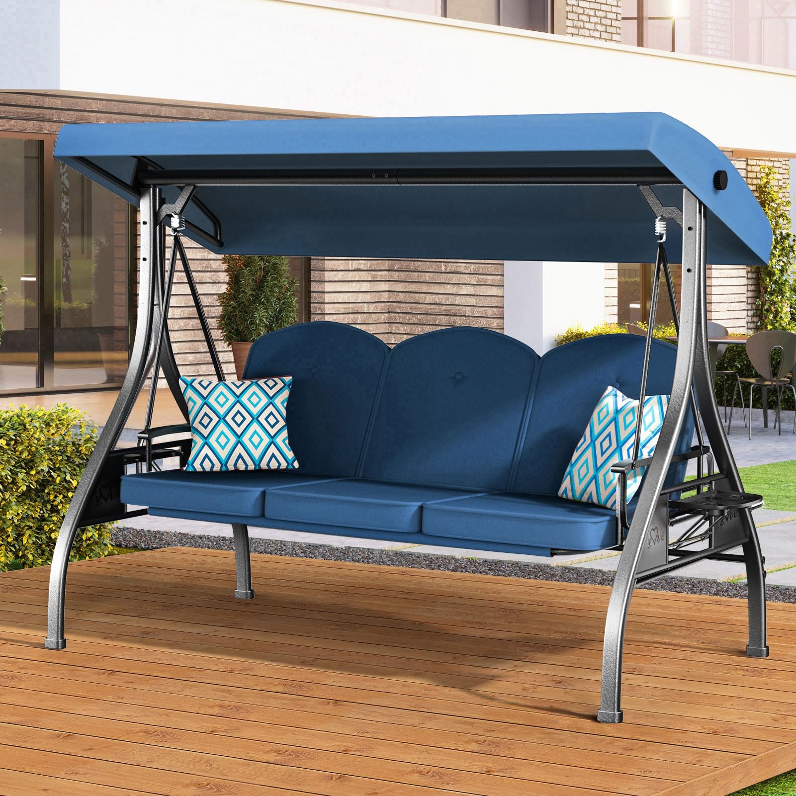 3 Seat Outdoor Porch Patio Swing 800lbs 2-in-1 Patio Swing Glider Chair with Adjustable Canopy & Removable Cushion Outdoor Adult Swing with Stand for Yard Porch Garden Deck (Blue, Square Tube)
