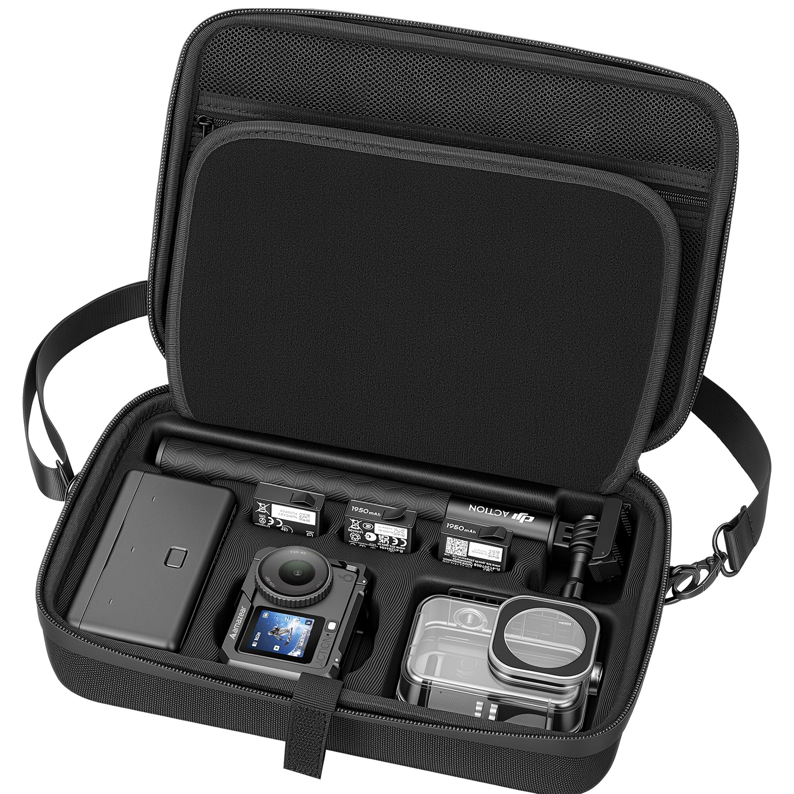AMAZEAR Estuche de transporte para accesorios DJI Osmo Action 6, funda rígida compacta con correa de hombro Osmo Action 6, bolso portátil para cámara, ideal para viaje, organización y protección,Negro