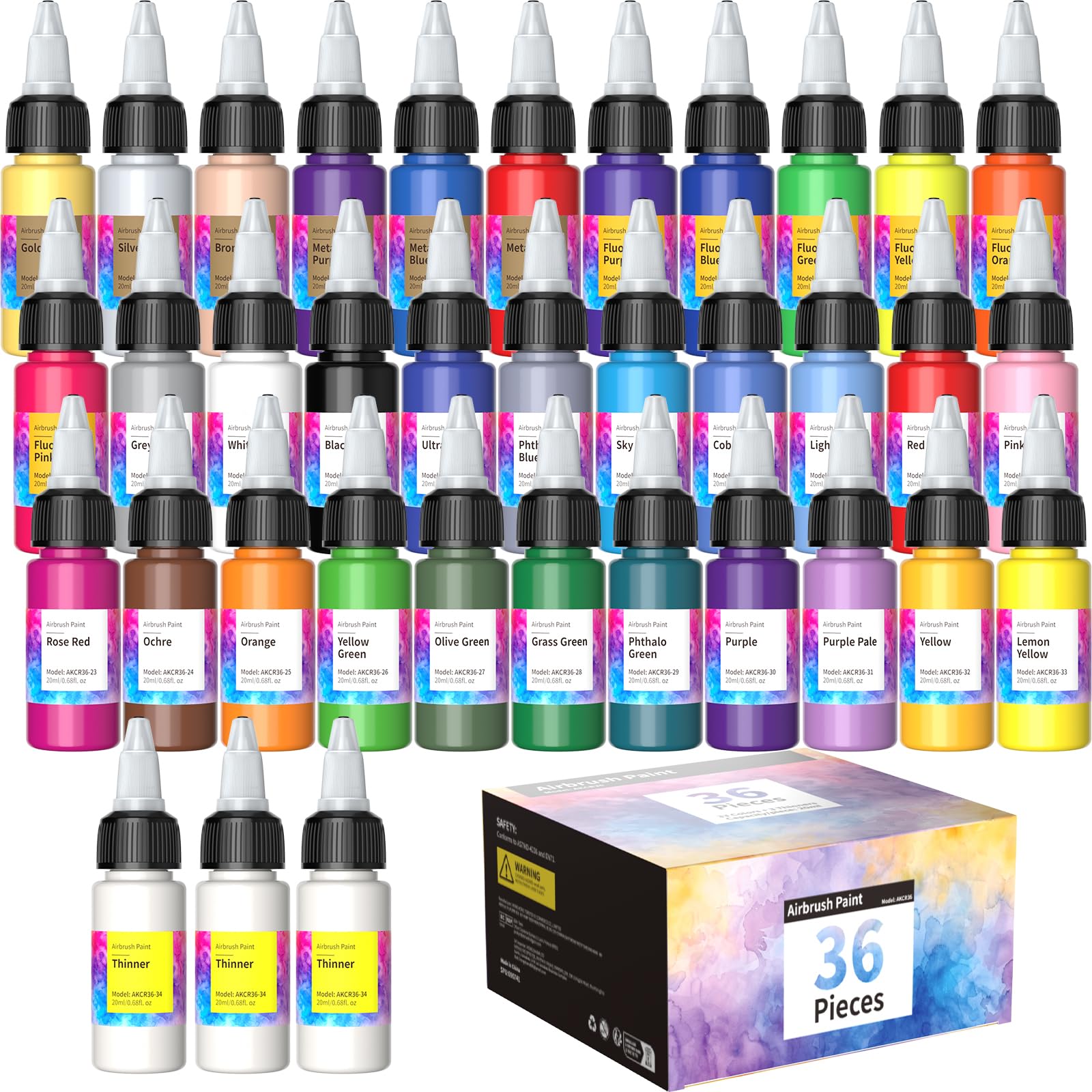 Oasser 33 Colors Airbrush Paint Set For Model, With 3 Thinners Water-Based