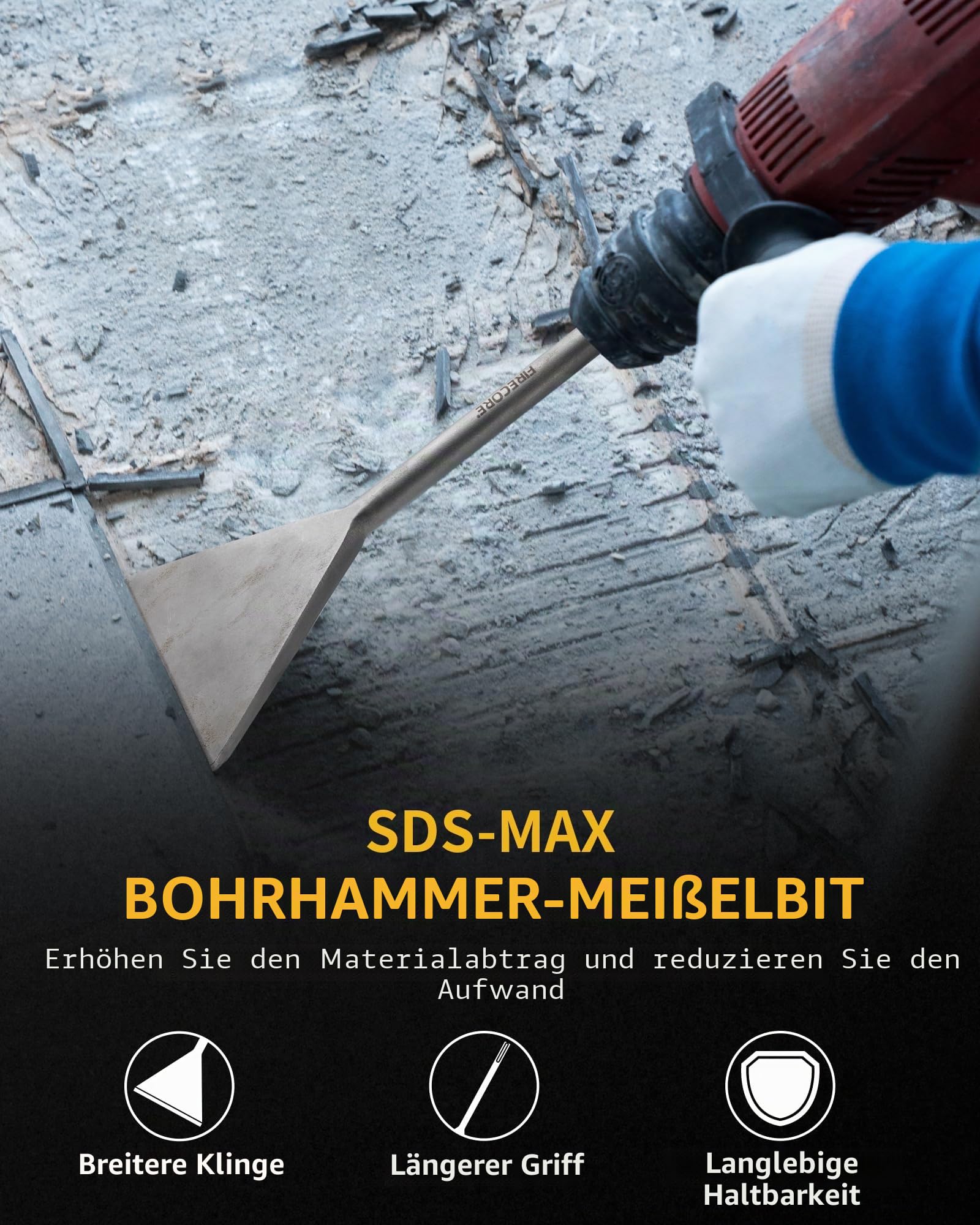 SDS Max Meißel, Firecore Fliesenmeißel 380 × 150 mm für SDS Max Hammer, extra breit Spatmeißel, Betonmeißel zum Entfernen von Linoleumböden, VCT-Betonmörtel, Dünnbettmörtel, Keramikfliesen
