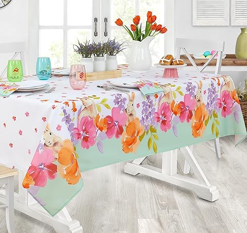 Miniatura 7 de Newbridge Mantel rectangular de tela, 60 x 84 pulgadas, diseño de conejito de primavera, fácil cuidado, resistente a las manchas, campos de flores