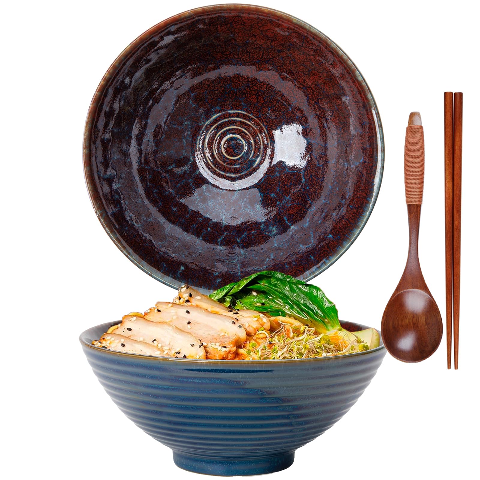 TuYines Ceramic Ramen Bowl, Ramen Bowl Set, Japanese Ramen Bowl with Spoon & Chopsticks, 1200 ml Soup Bowls, SaladBowl (Style H)