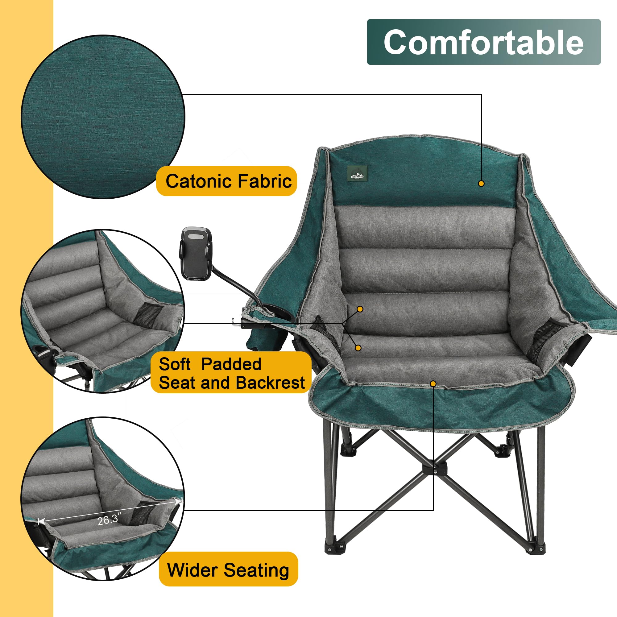 Northroad Übergrößer XL Gepolsterter Campingstuhl mit Handyhalter, Großer Campingstuhl, Klappbarer Gartenstuhl mit Becherhalter, Tragetasche für Outdoor, Strand, Picknicks, Robuste 180kg