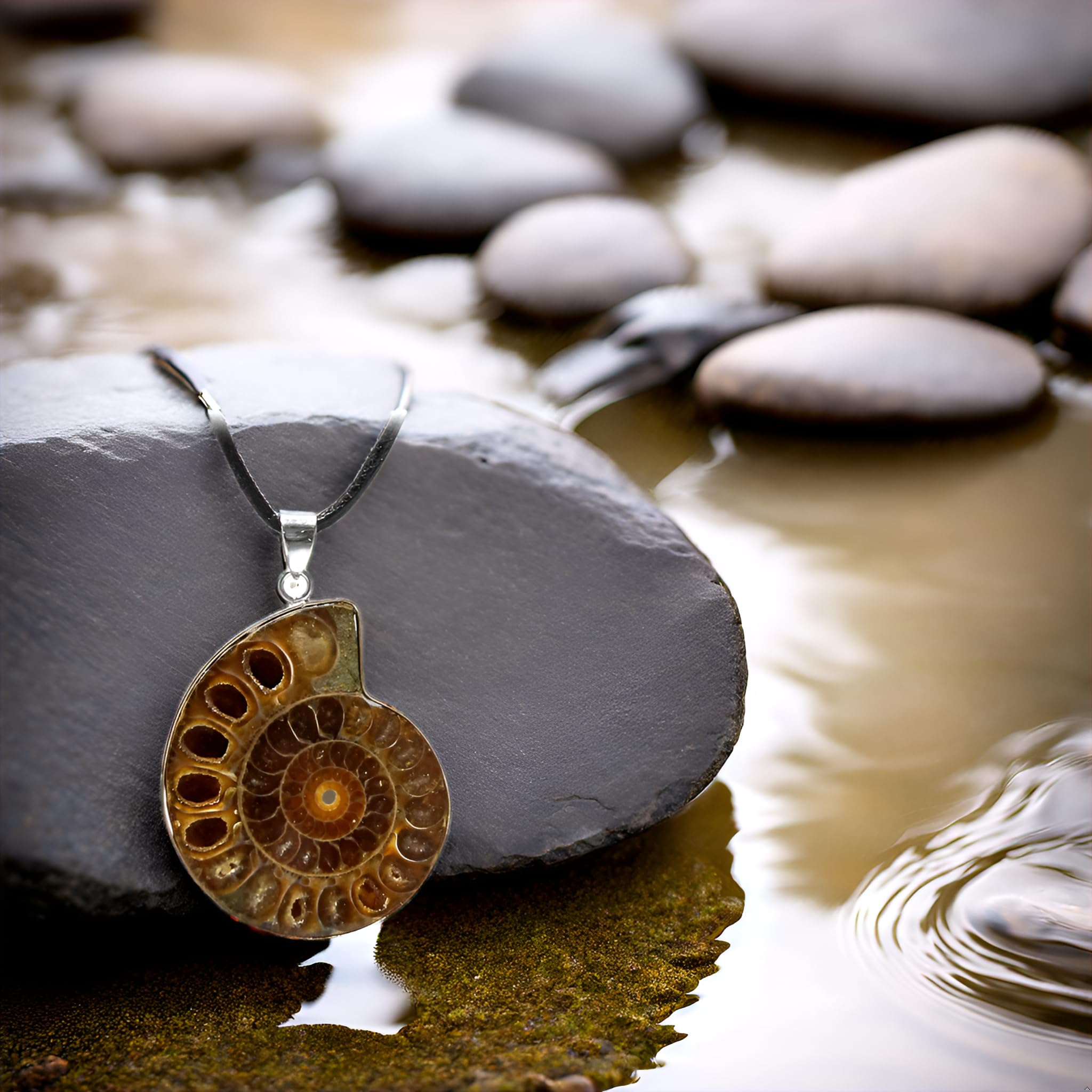 Regali Kaltner in pelle collana per uomo e donna con ciondolo in ammonite