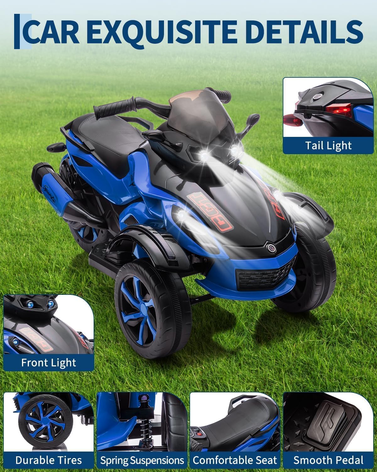 Véhicule électrique Enfant 12V, Moto 3 Roues avec LED Et Musique, Pneus Tout-Terrain, pour Enfants De 3 à 8 Ans