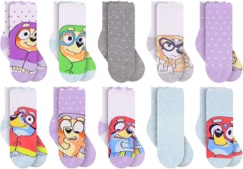 Bluey Crew Socks for Toddlers, Non-Slip Kids Socks, Size 2-4T, 10-Pack