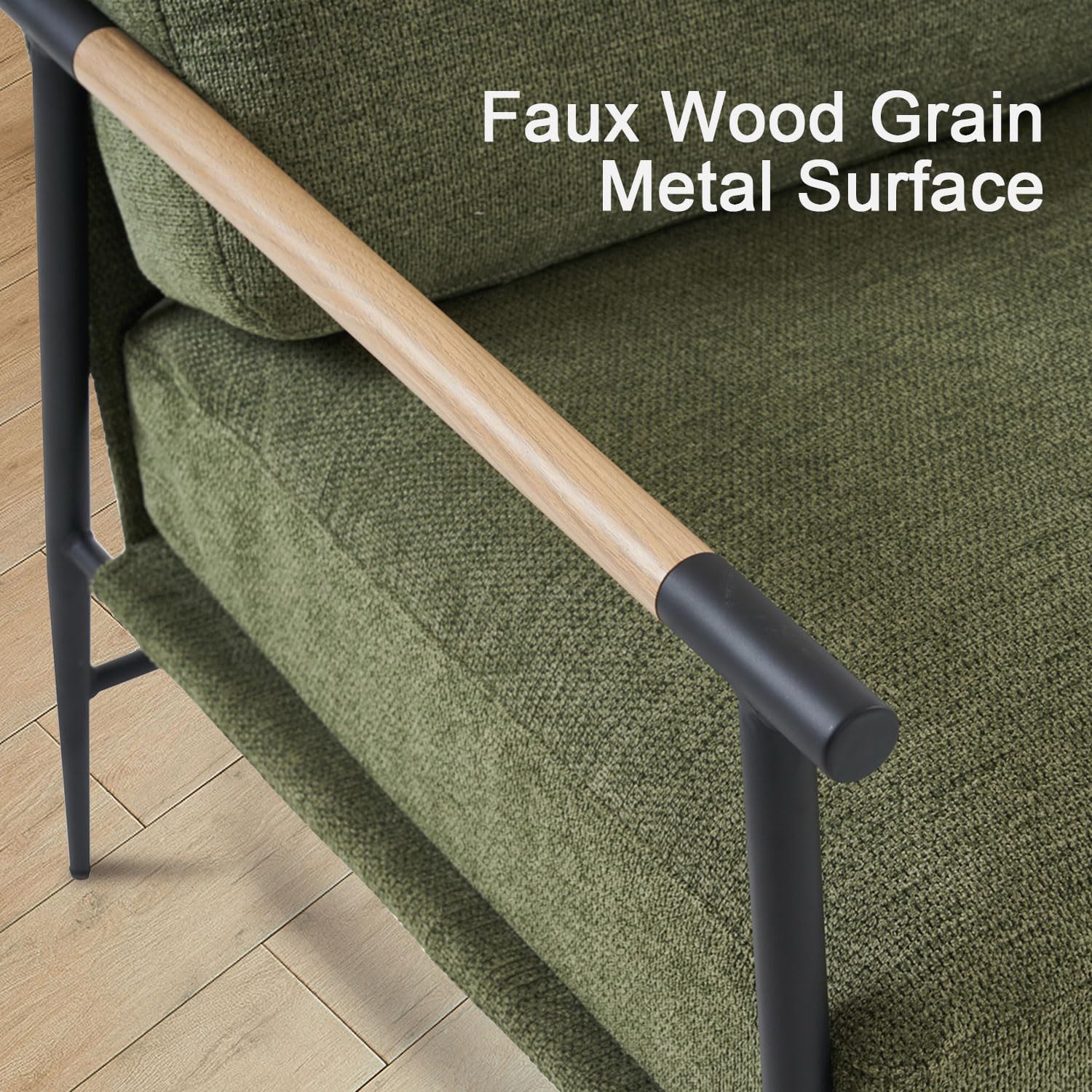 Accent Chair Mid Century Modern Armchair for Living Room,Bedroom,Office,Lounge Comfy Chenille Upholstered Soft Removable Washable Cushions and Pillows,Metal Wood-Grain Armrest Legs,Green