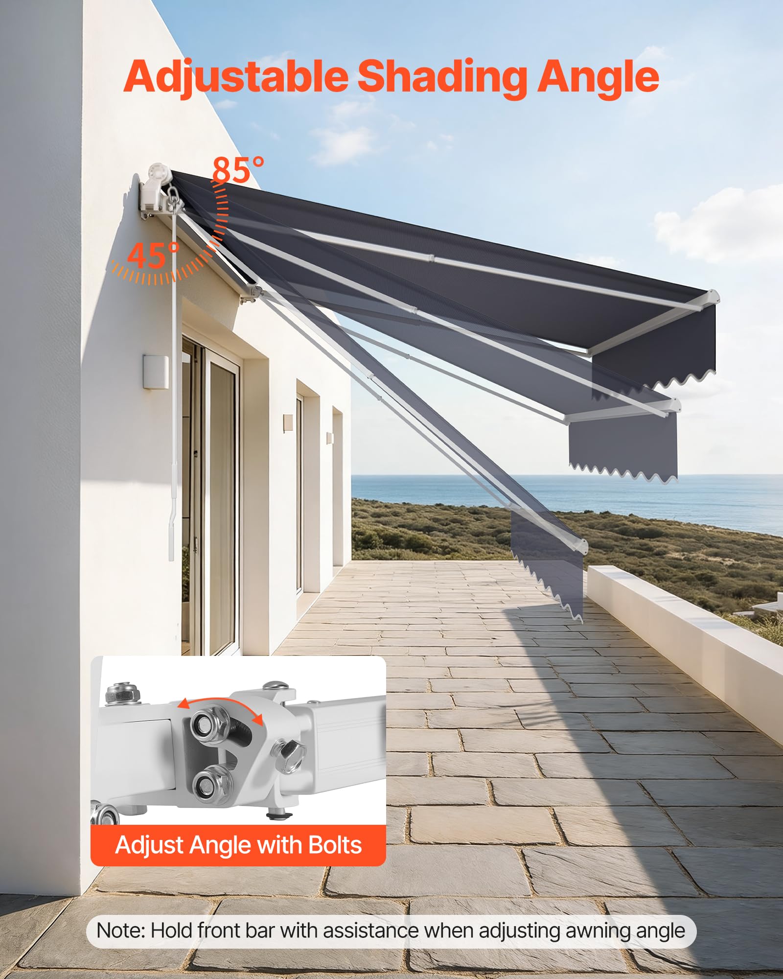 VEVOR Gelenkarmmarkise 3x2,5 m, Einziehbare Markise mit Handkurbel, Terrassenmarkise UPF 80+ Sonnenschutz, Sonnenmarkise, Balkonmarkise für Terrasse, Balkon, Garten & Fenster, Grau
