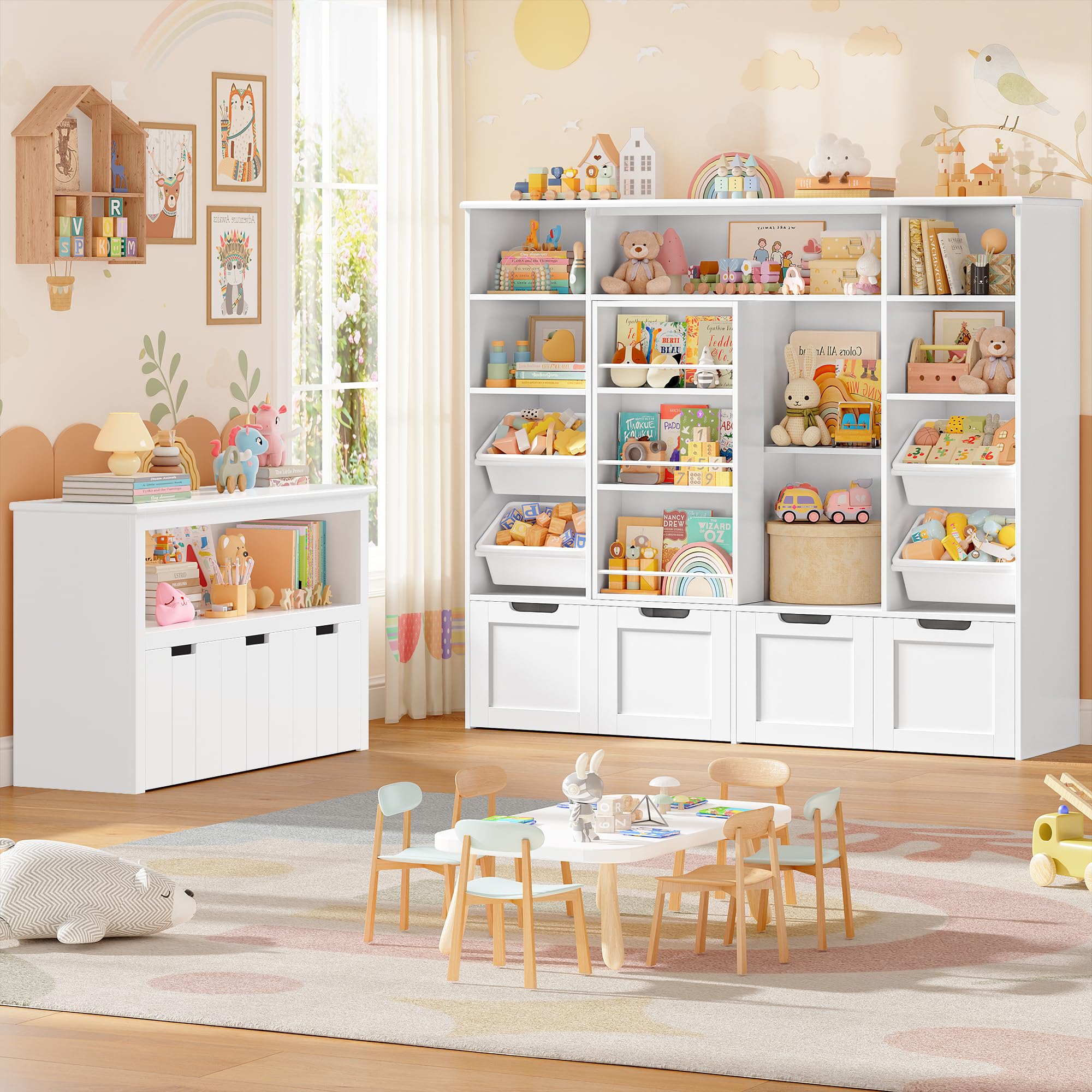 FOREHILL Meuble Rangement Enfant, Porte Coulissante, Bac Plastique Amovible