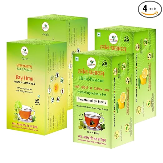 Tea ( 2 Sweetened By Stevia + 2 Premix Lemon ) Pack Of 4 For 100 Cups, 600 Grams