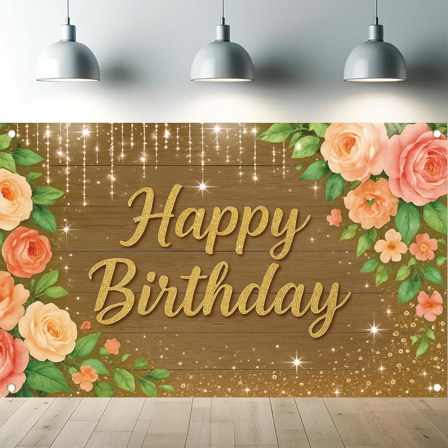 Happy Birthday Backdrop 71 X 43 Inch Rustic Wood Floral Banner with Gold Glitter Lettering Peach Roses and Lights for Girls Party Decorations Indoor Outdoor Wall Background