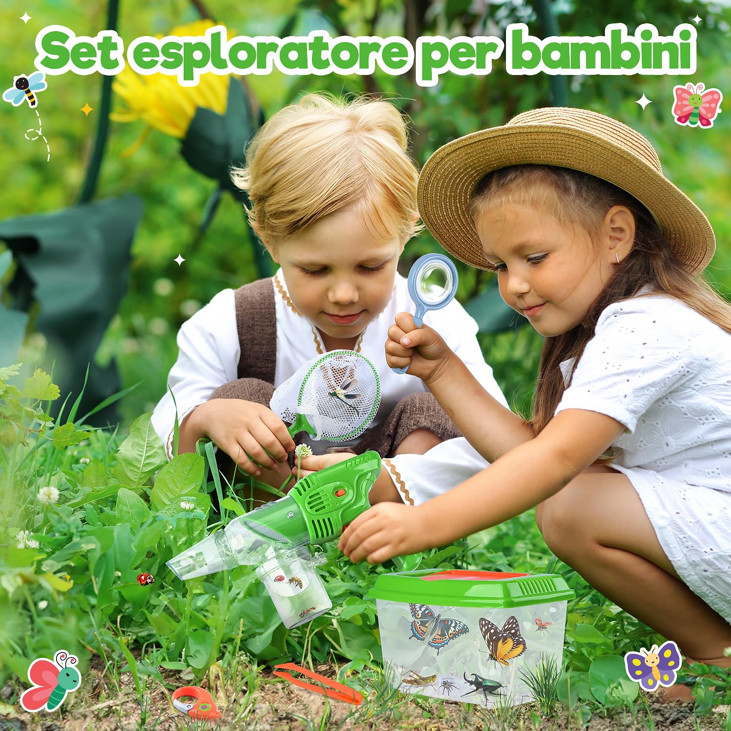 Kit Esploratore Bambini con Cattura Insetti, Scatola per Insetti, Rete di Farfalle, lenti d'ingrandimento, Pinzette, Portachiavi, Esplorazione Outdoor Giocattoli Regalo Set per Bambini da 3+ Anni