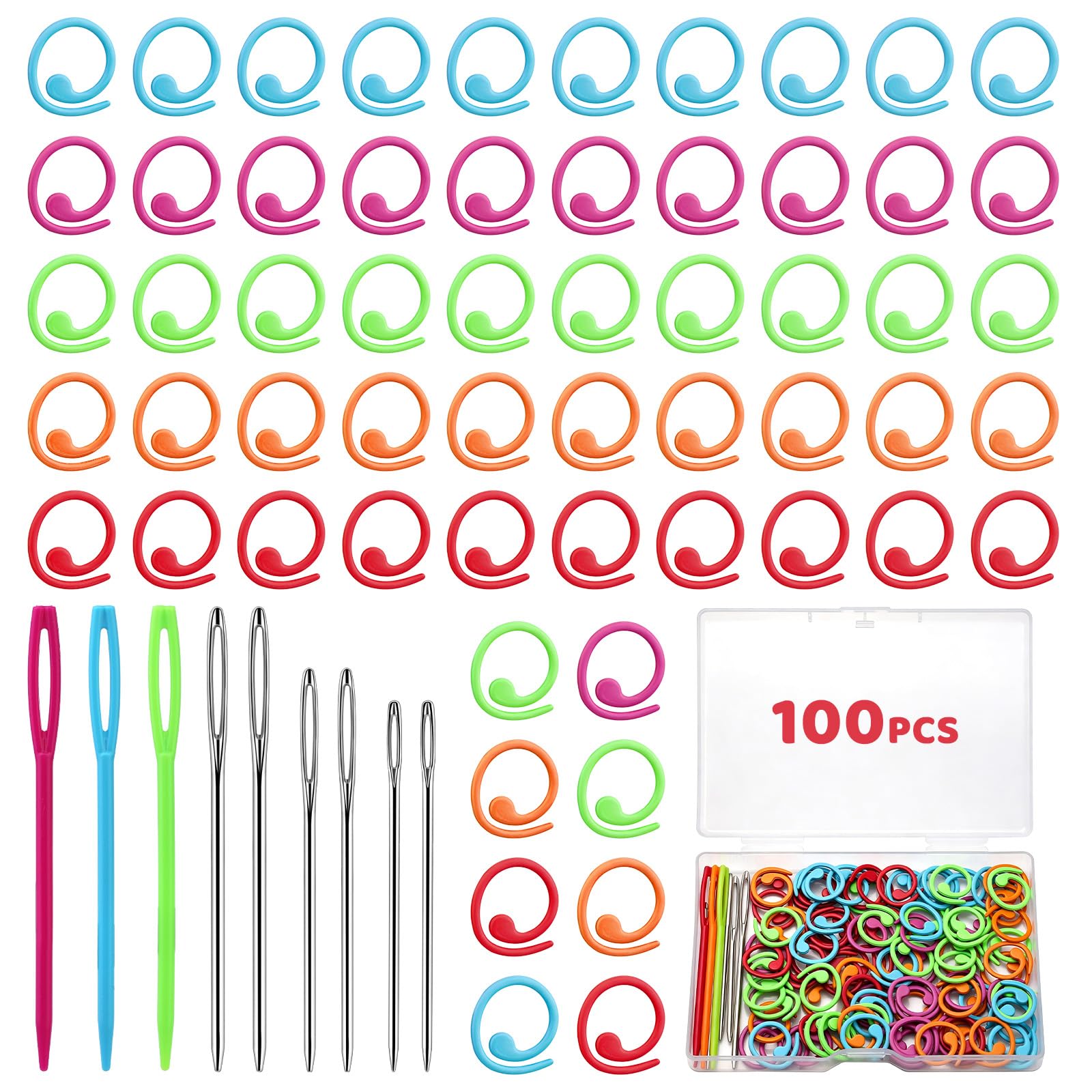 Lokunn 100 Pcs Metal Stitch Markers, 5 Color Helical-Shaped Crochet Markers Ring, 9 Pcs Large Eye Blunt Sewing Needles with Storage Box for DIY and Craft Sewing-image-16