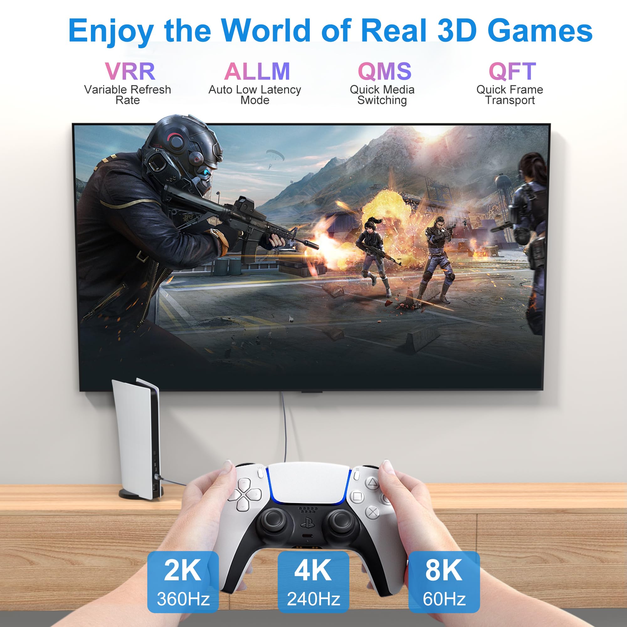 Cable HDMI de fibra óptica 8K de 100 pies, 48 Gbps, cable HDMI 2.1 largo de ultra alta velocidad trenzado 8K a 60Hz 4K a 120Hz HDR10/HDCP2.2 y 2.3/eARC/3D compatible con PS5, Xbox, HDTV