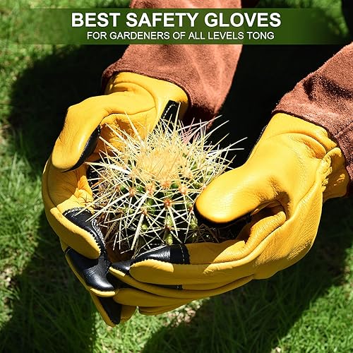 Miniatura 9 de Guantes largos de jardinería para mujer, a prueba de espinas, cuero de vaca para poda, rosa, para jardín, cactus, rosa y mora