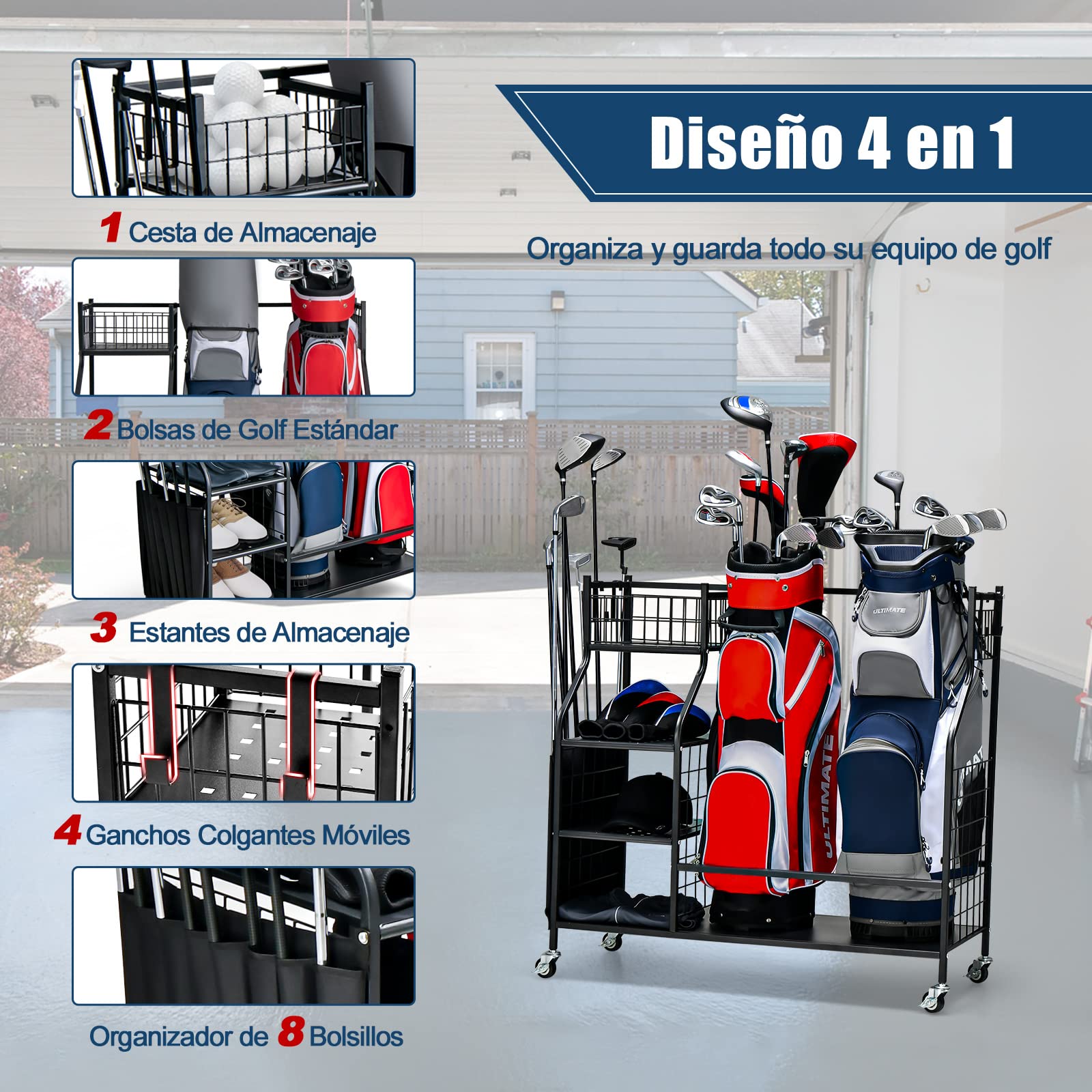 COSTWAY Estante de Almacenamiento para Bolsa de Golf con Ruedas Bloqueables