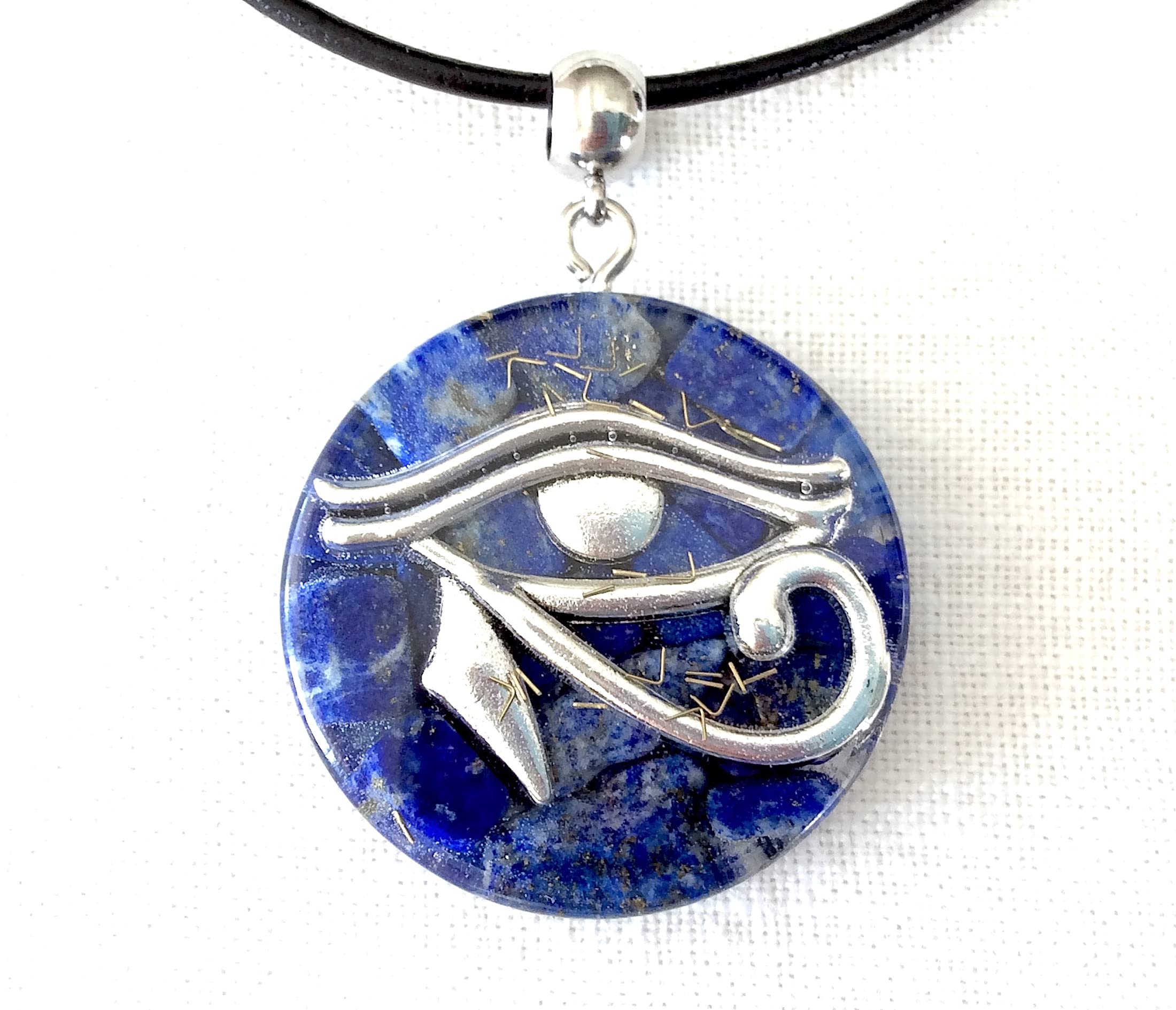 Orgone pendant necklace with silver Eye of Horus and Lapis Lazuli natural stones. Egyptian amulet 1.38 inch. Made in USA