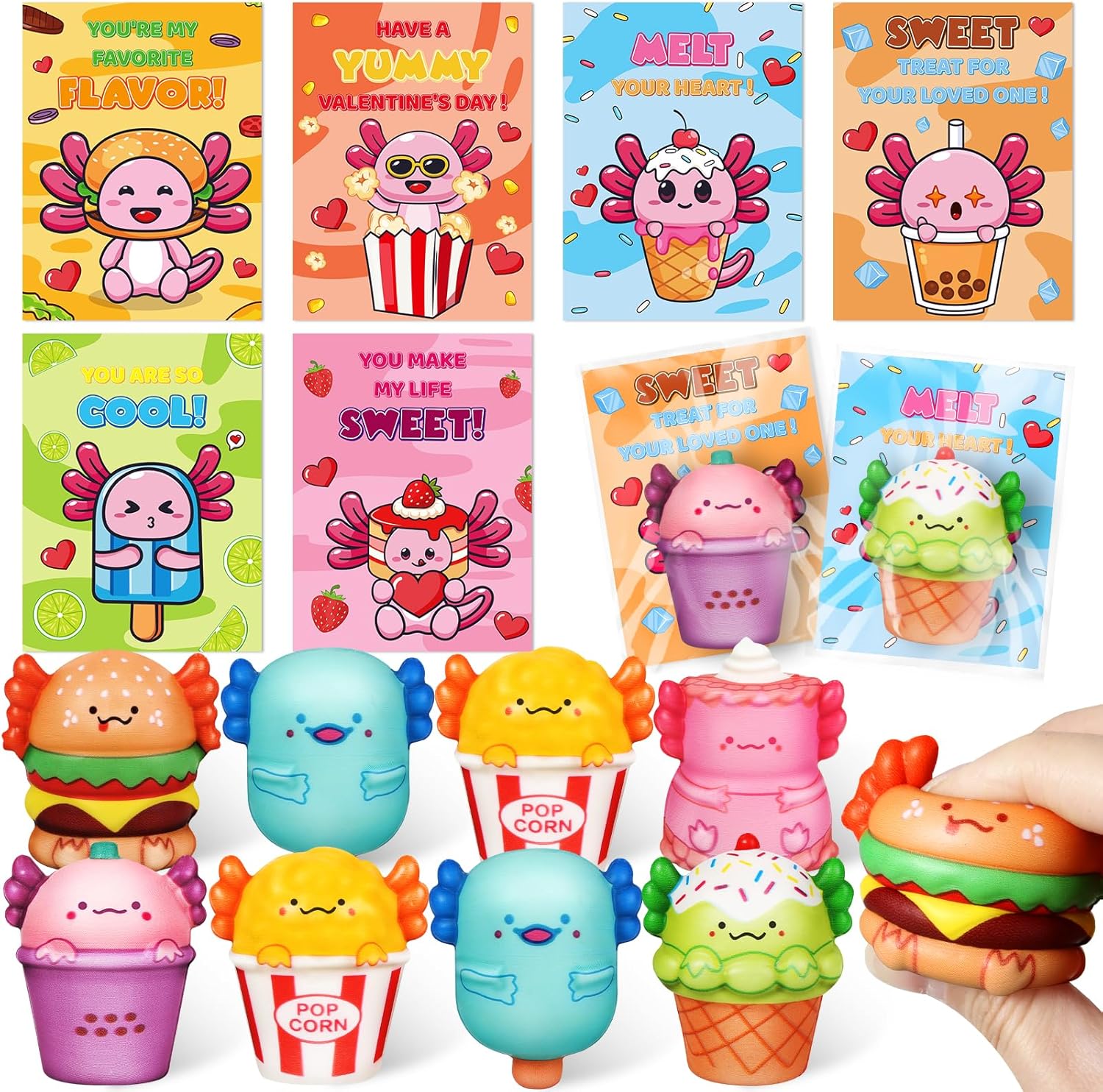 OCHIDO 24 Pack Valentines Day Cards for Kids with Axolotl Slow Rising Squeeze Toys, Valentines Day Exchange Gifts for Kids, Valentines Party Favors for School Classroom Prize