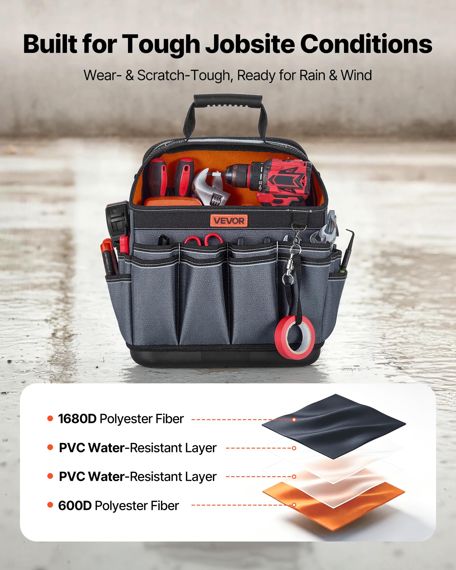 VEVOR Borsa Portautensili Aperta 335 mm, 39 Tasche, Organizer Portatile per Attrezzi con Base Rigida in Plastica, Resistente all'Acqua, Tracolla Regolabile, per Professionisti, Fai da Te e Cantiere